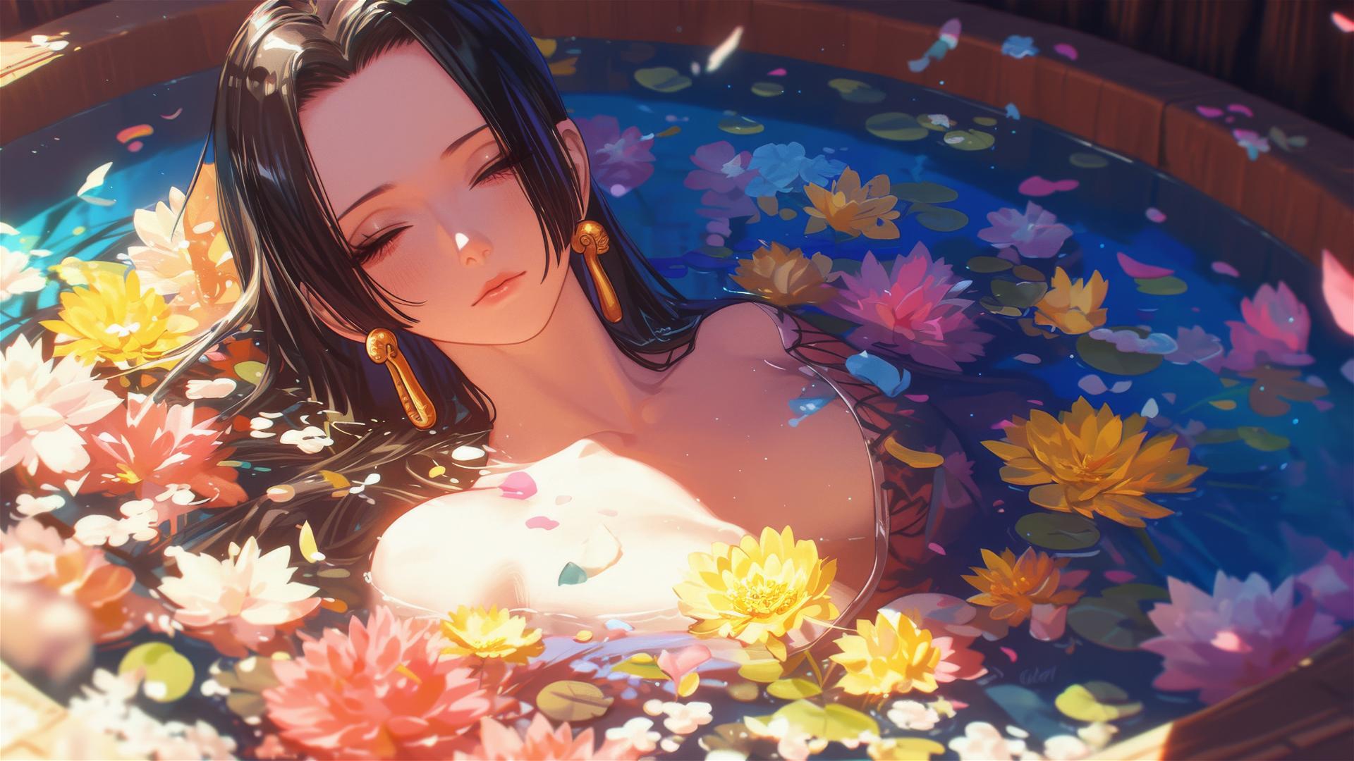 Boa Hancock from One Piece in a tub full of flowers inside a Chinese spa.
