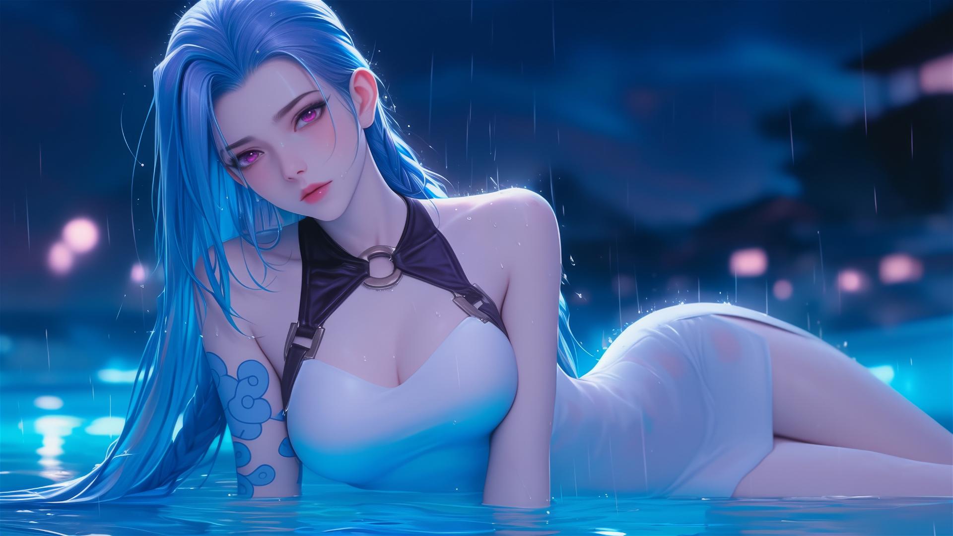 Jinx from League of Legends relaxing by a rainy swimming pool, illuminated by moonlight.
