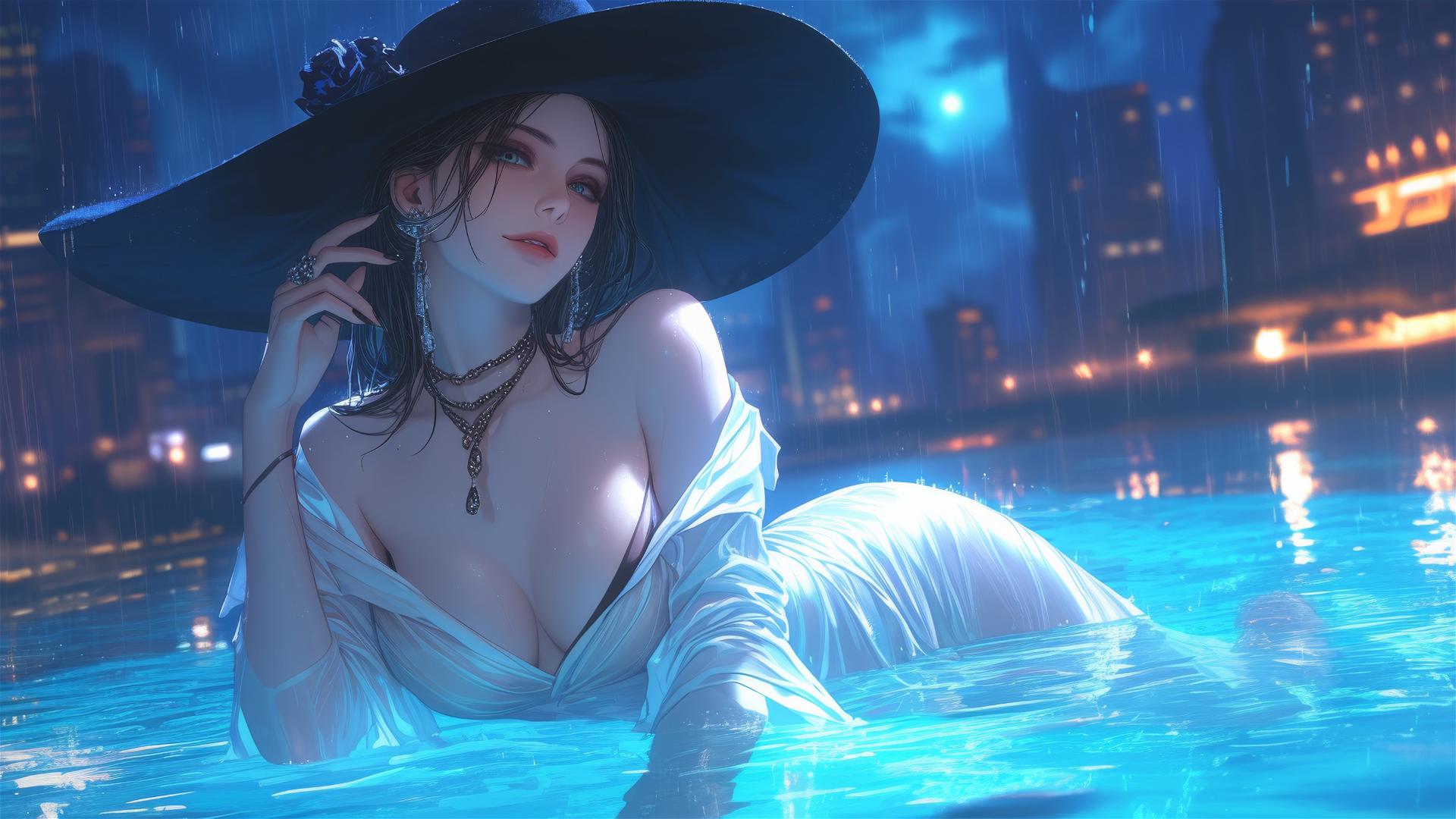Lady Dimitrescu resting by a rainy swimming pool under moonlight