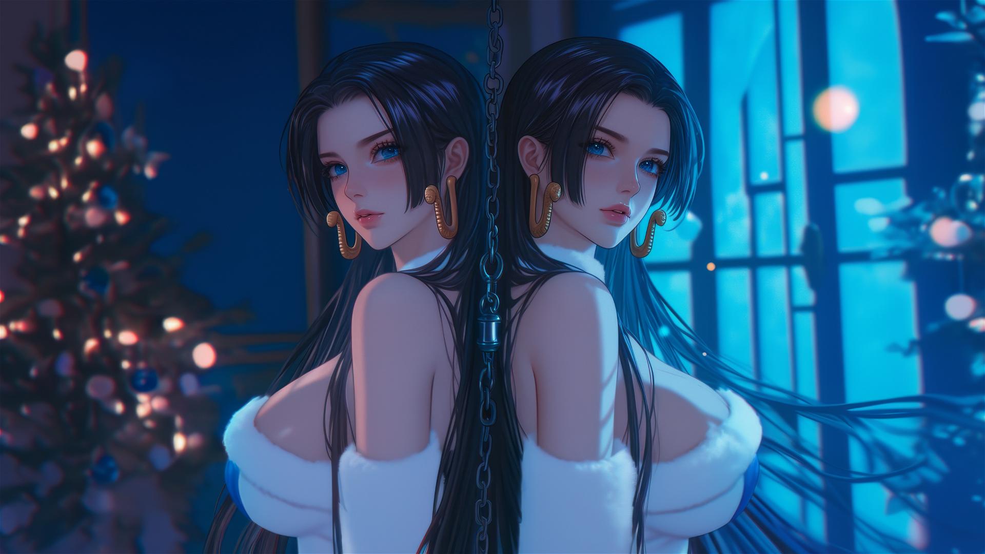 Boa Hancock from One Piece in Christmas costume, chained in neon-lit modern hotel room.