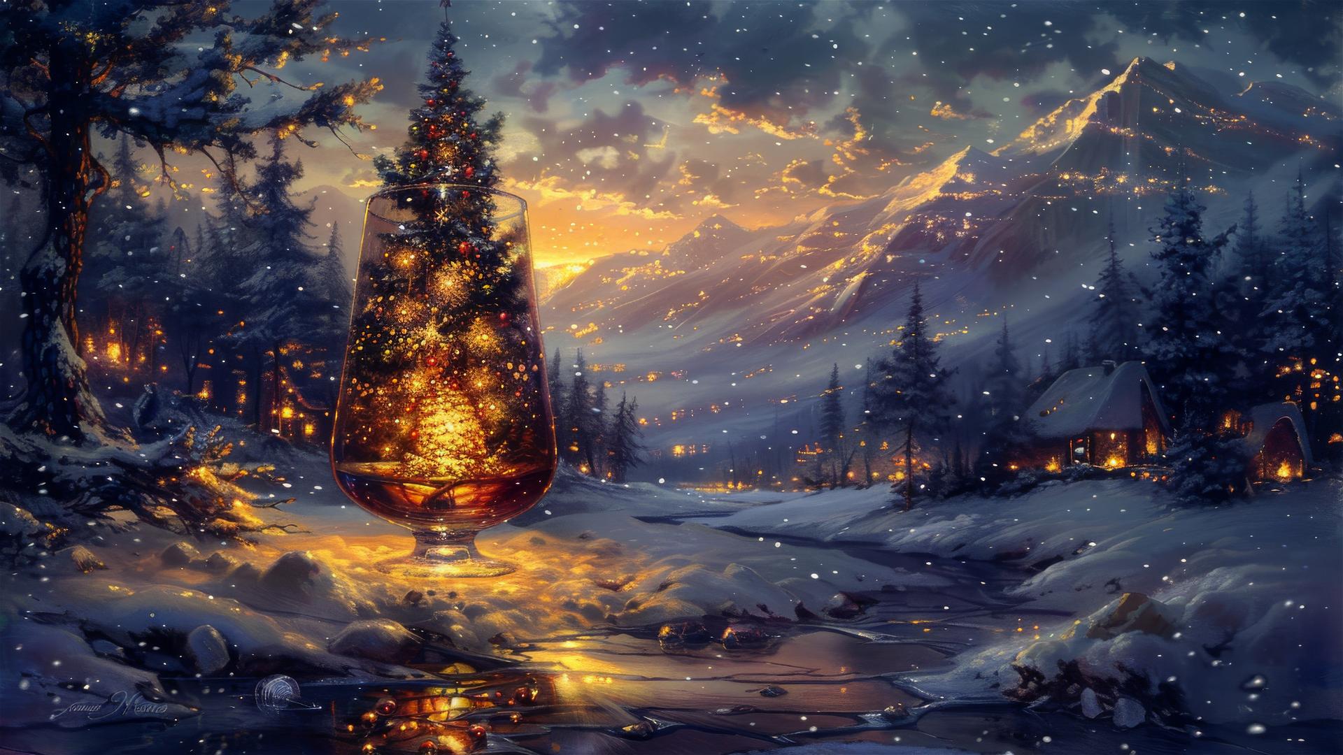 Glass with a Christmas tree artwork by Kinuko Y. Craft