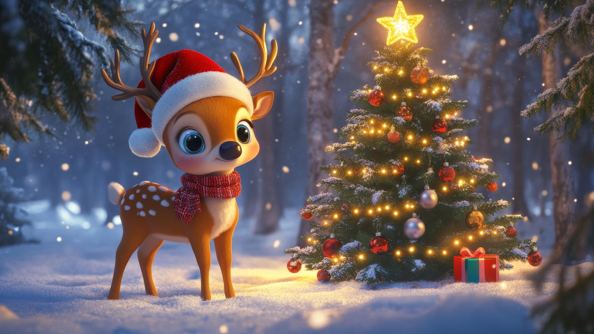 Cute wallpapers for Christmas with a cartoon reindeer, Santa hat, scarf, and Christmas tree.
