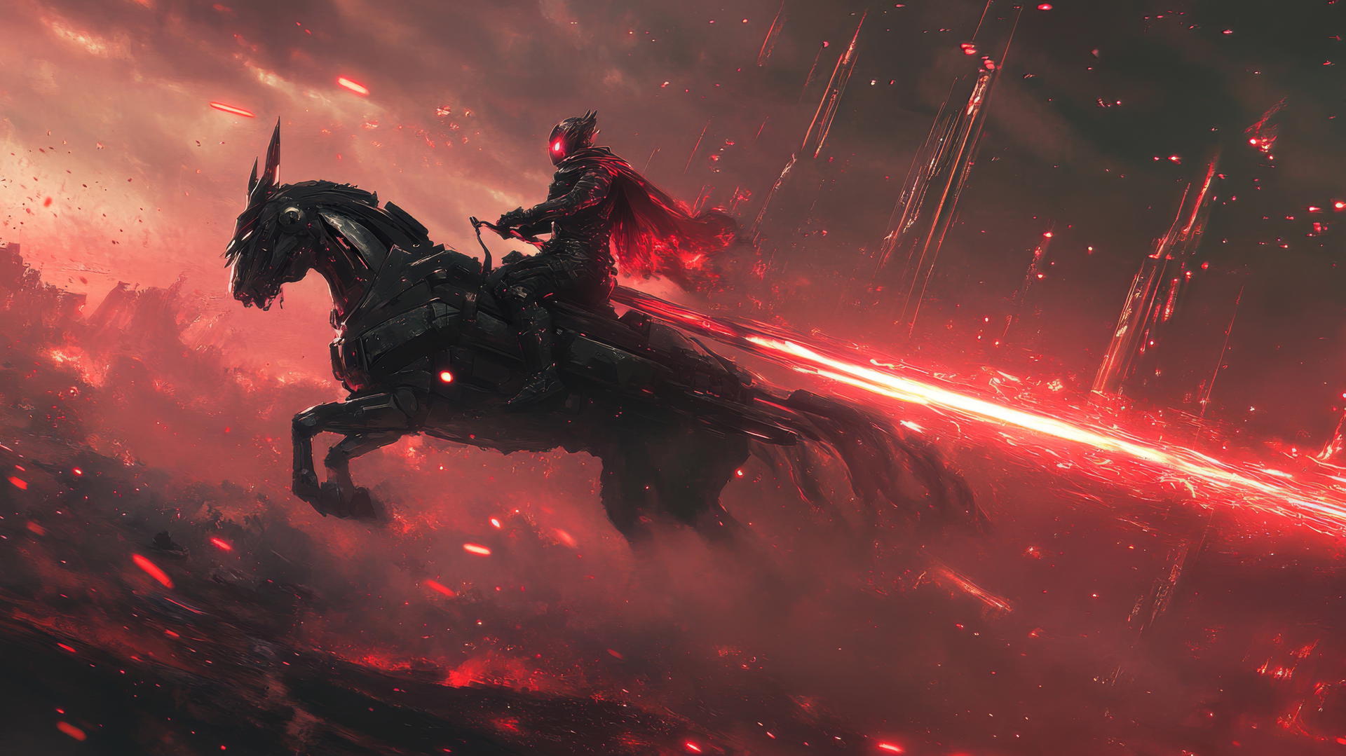 Futuristic knight on hover-steed with glowing weapons and energy shield