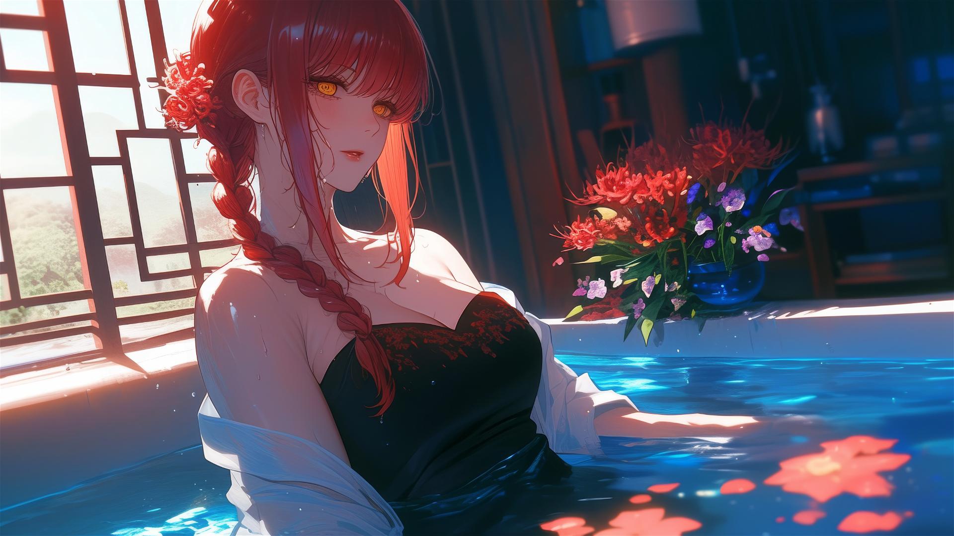 Makima from Chainsaw Man in a flower-filled tub inside a Chinese spa.