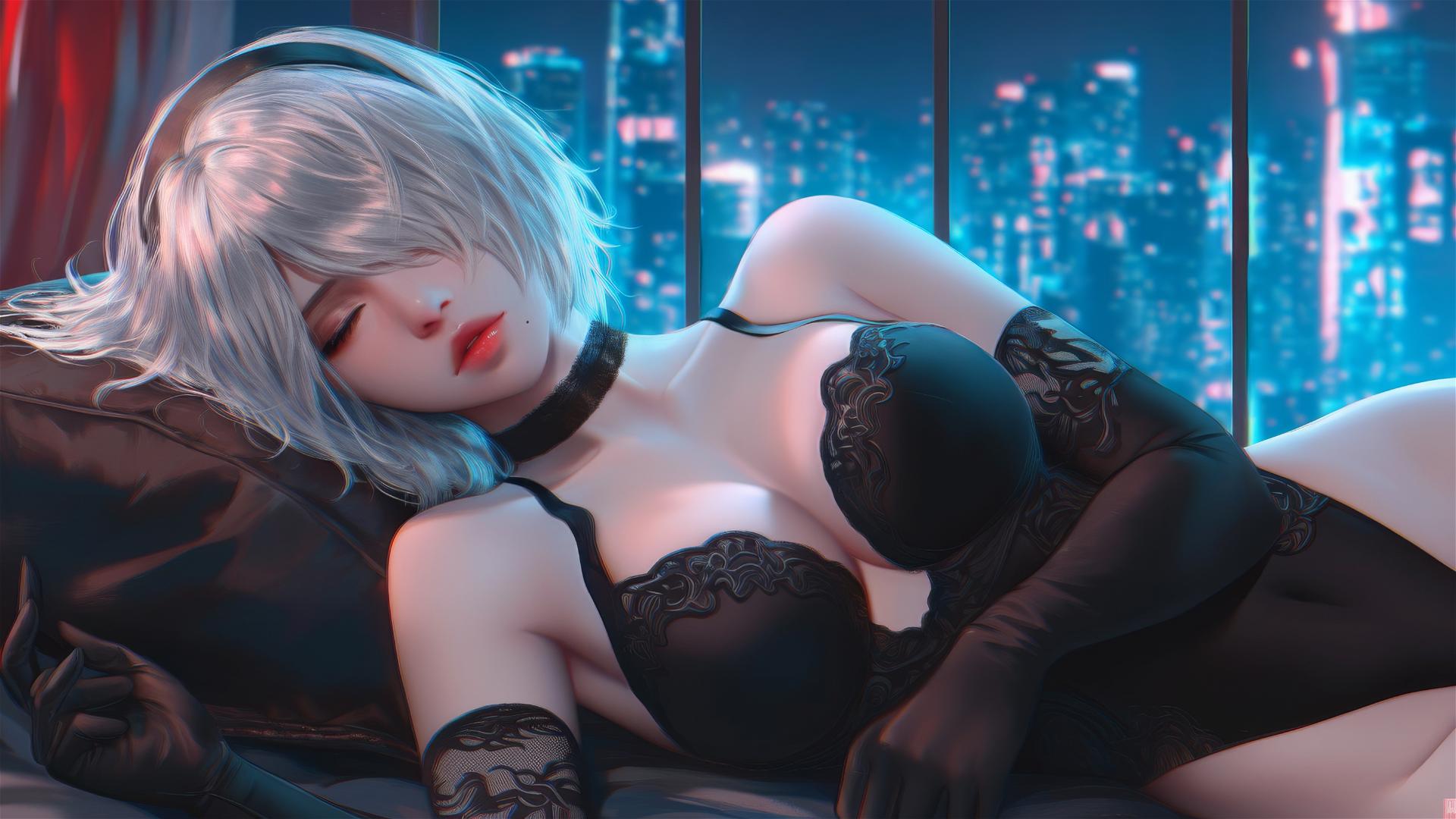 2B from Nier resting in a modern hotel room with moonlight glow