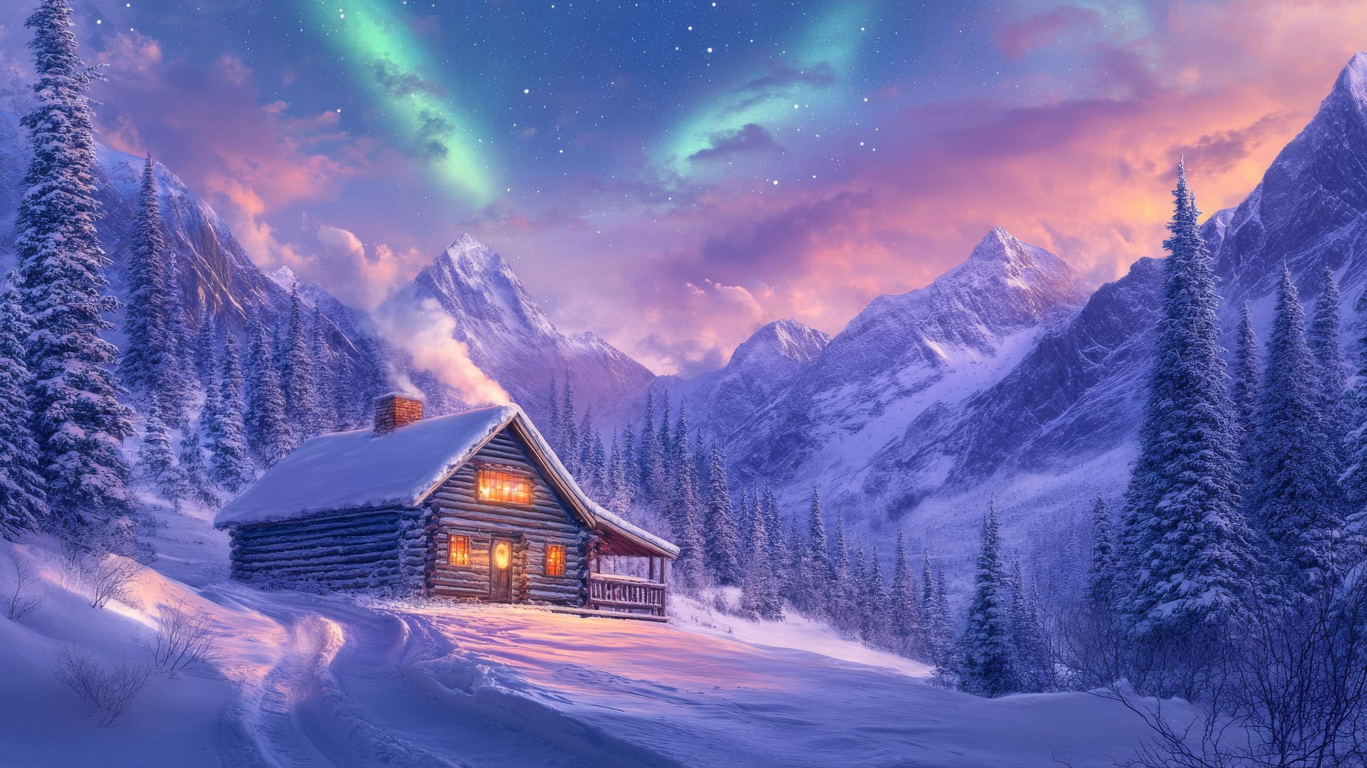 winter background wallpaper of snow-covered mountain cabin with northern lights