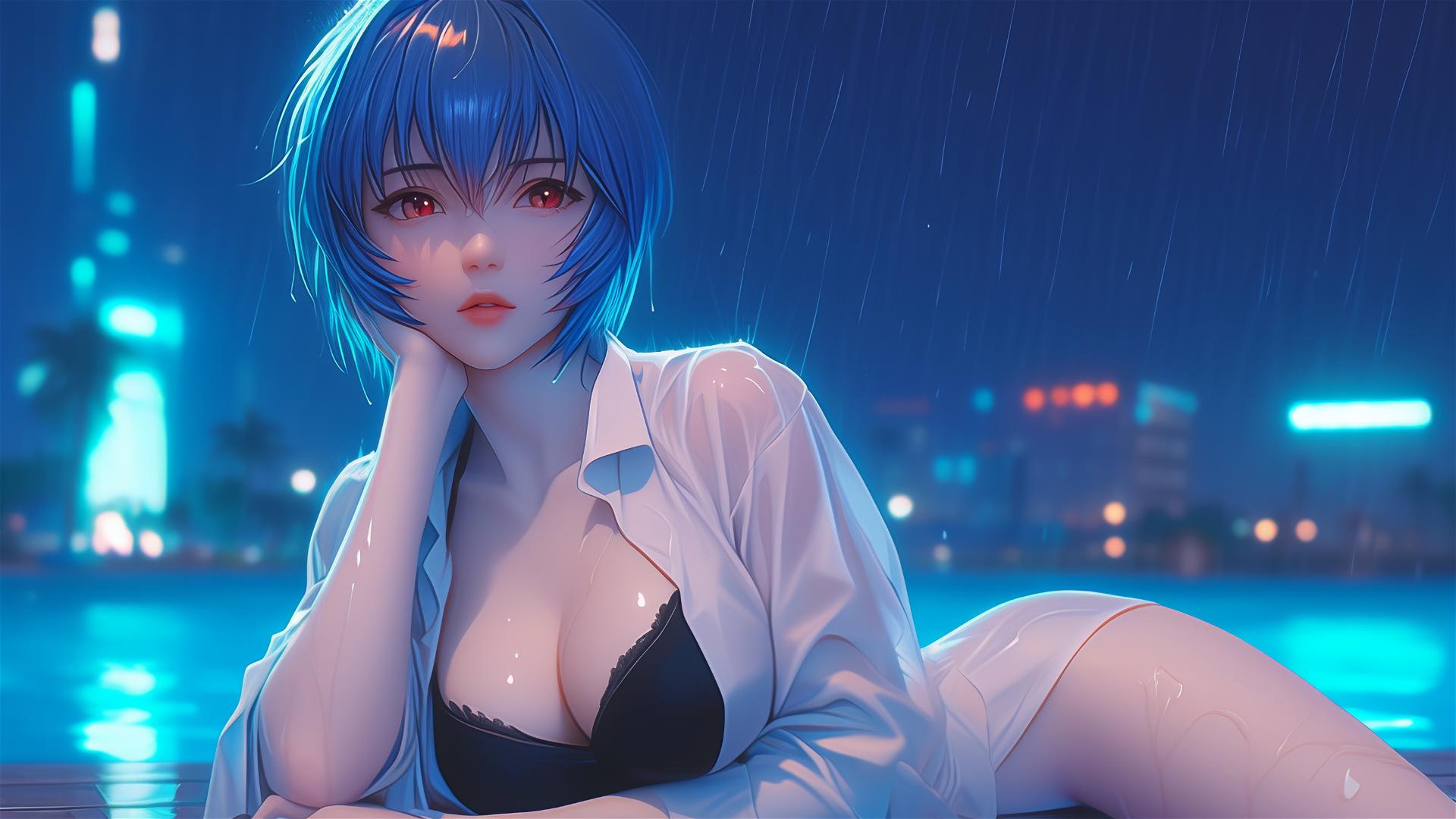 Rei Ayanami of Neon Genesis Evangelion resting by a rainy pool under moonlight, donned in a dark shirt with short hair