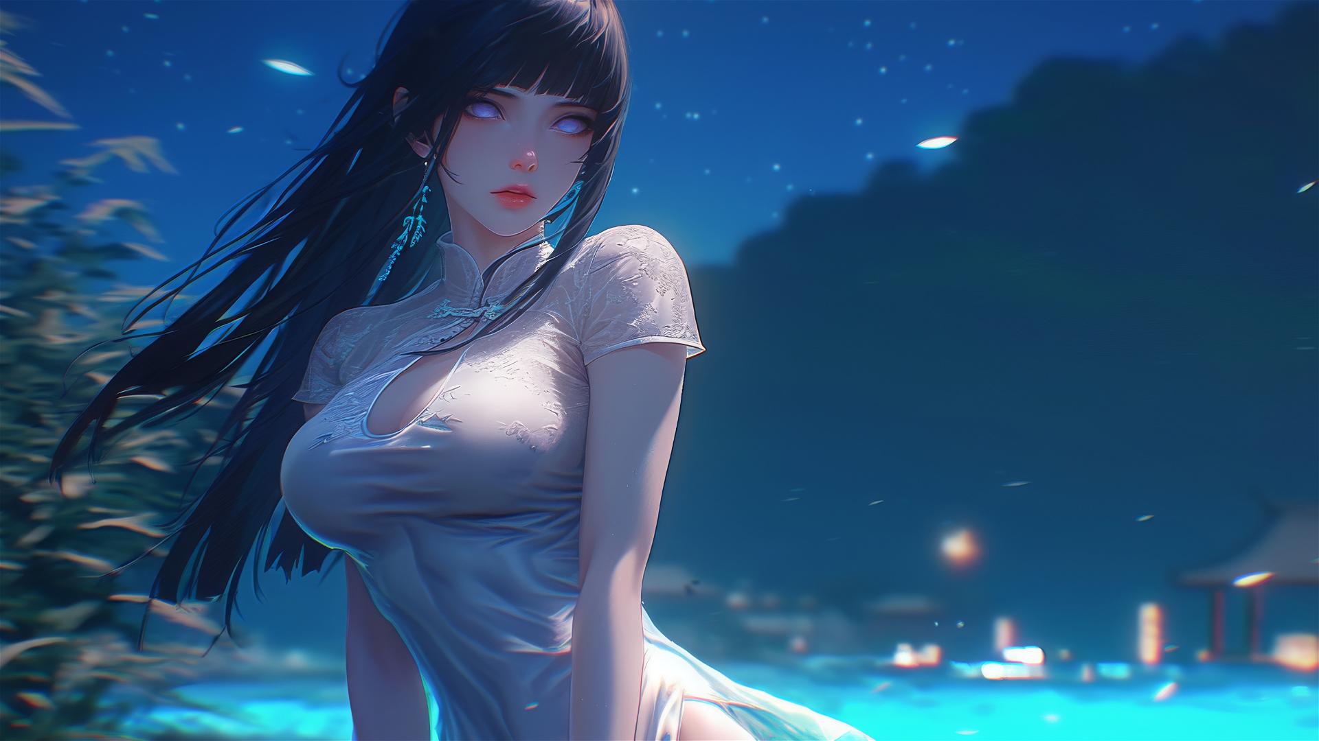 Hinata Hyuga walking under a starry night with moonlight on a hill