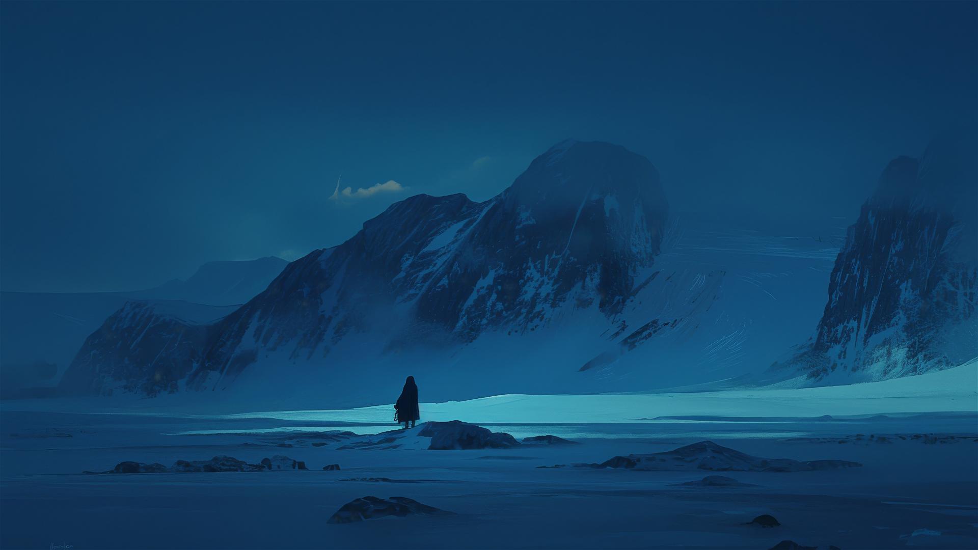 Intricate black glacier absorbing light with faint cracks under moonlight