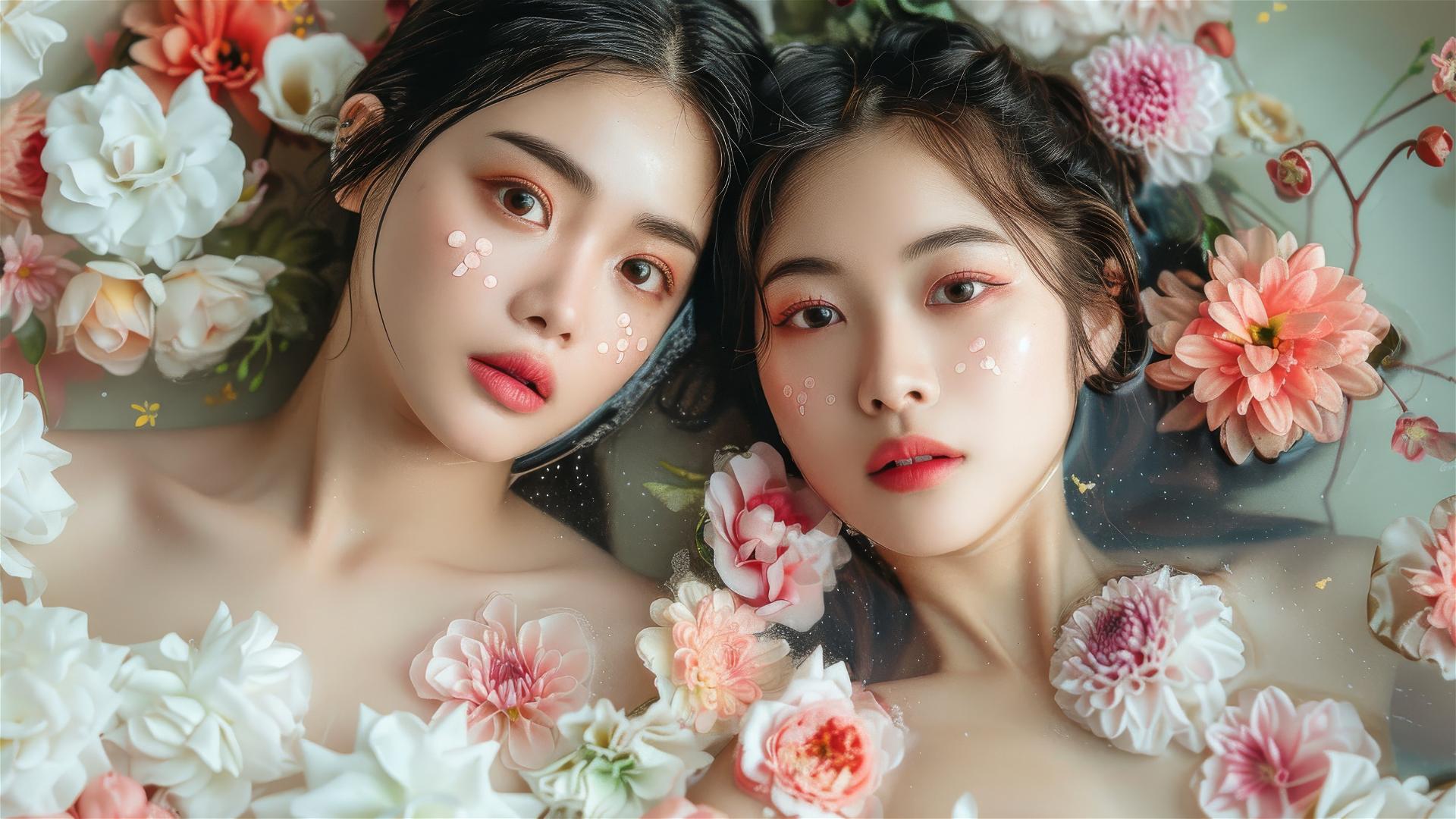 Asian women in tub filled with flowers at a Chinese spa