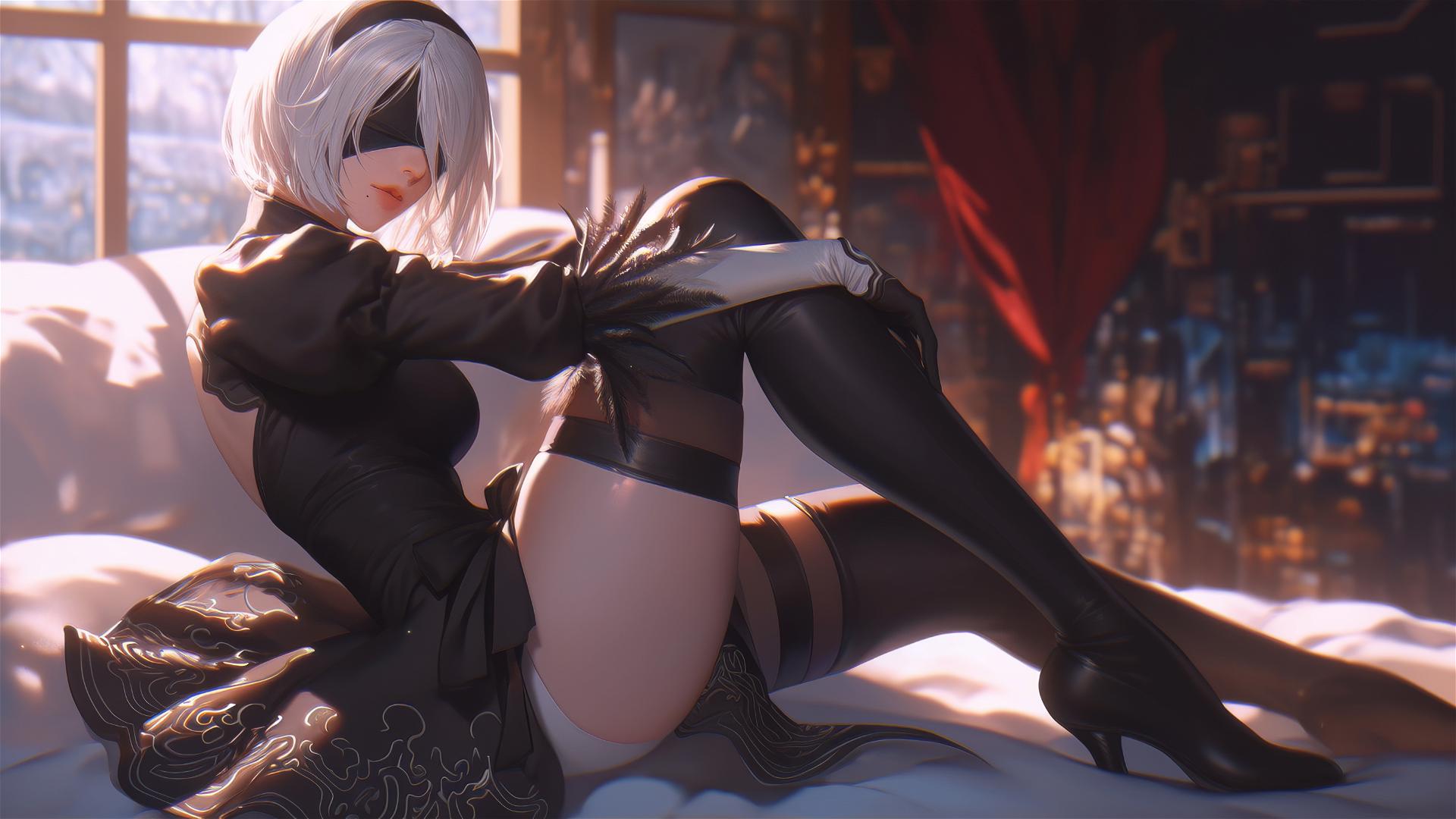 2B from Nier sitting in a modern hotel room with moonlight glow