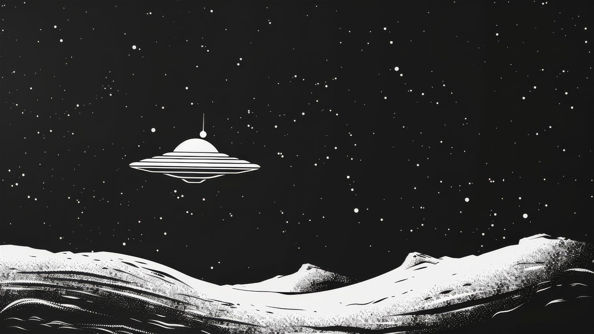 Cartoon flying saucer in a black night sky