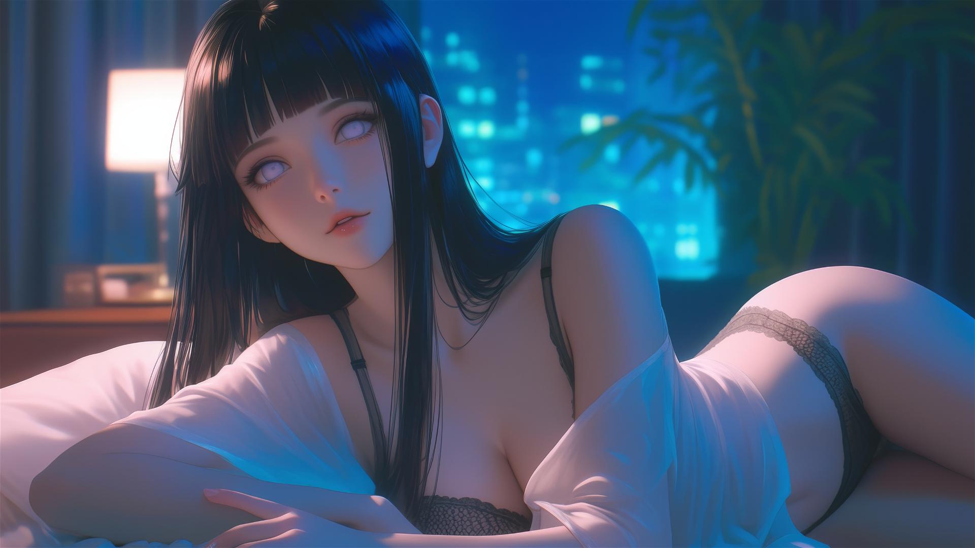 Hinata Hyuga resting at a modern hotel with warm light glow