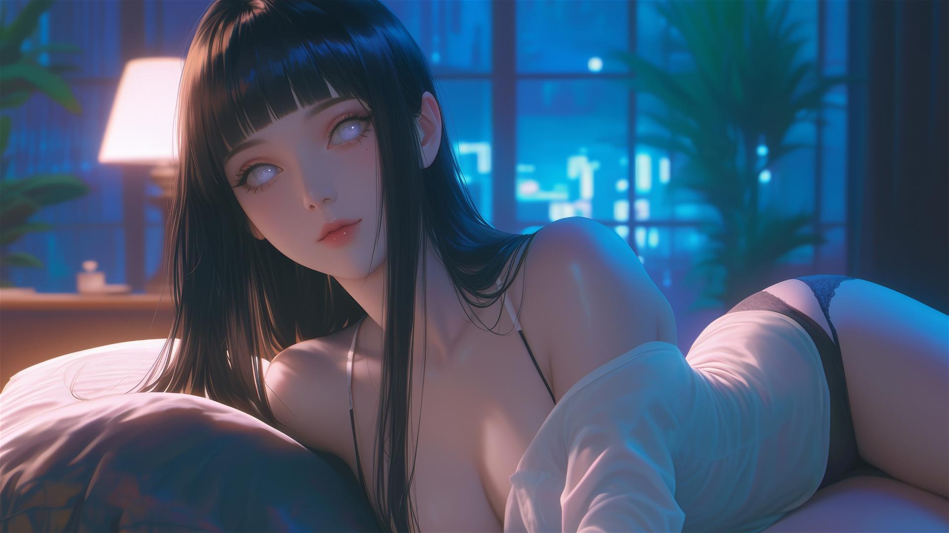 Hinata Hyuga resting at a modern hotel with warm light and white eyes