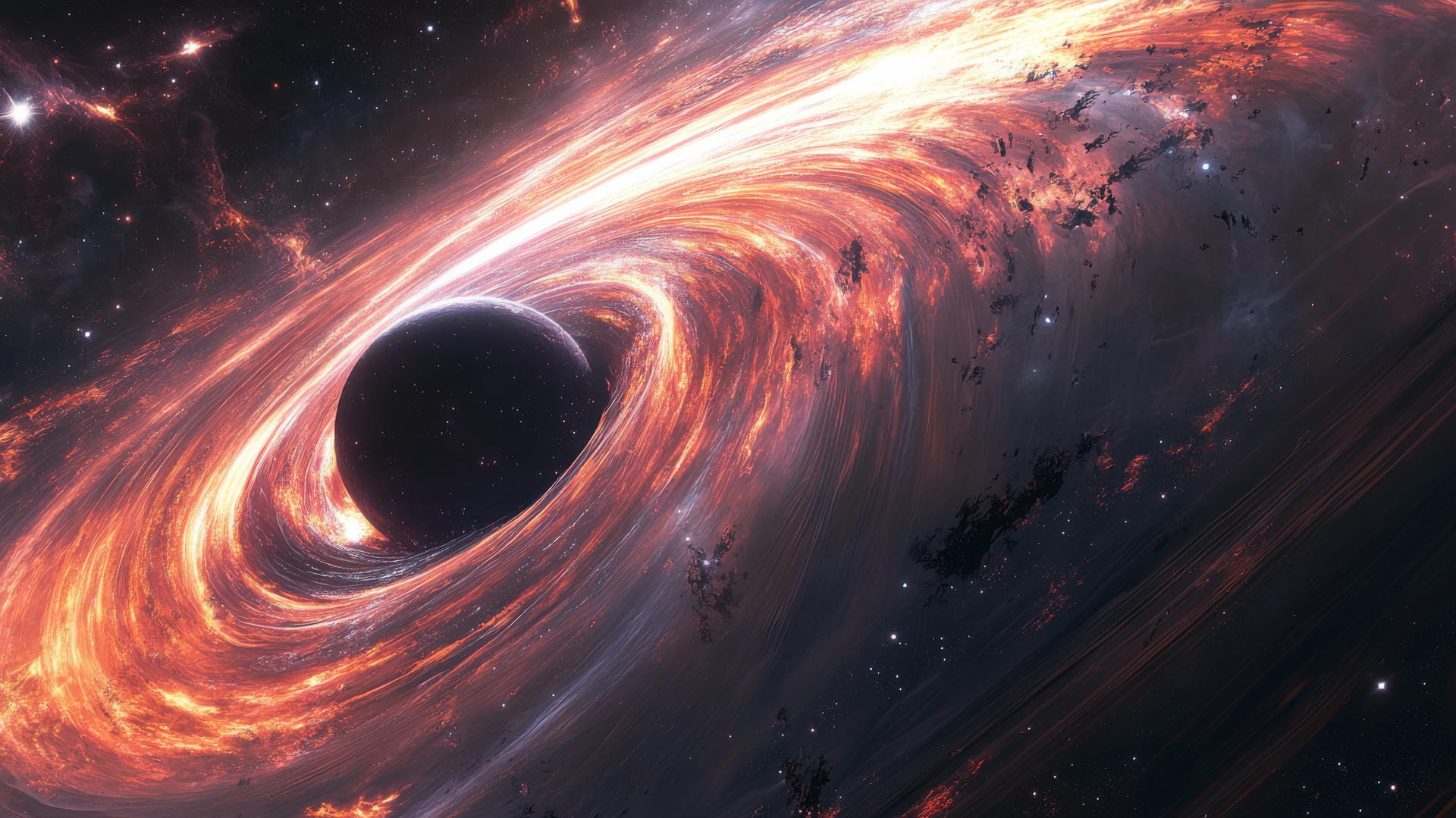 Black hole wallpaper with celestial scene and energy streaks