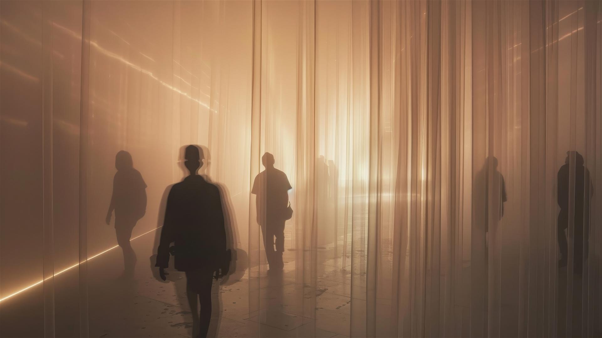 People walking through a curtain of laser smoke