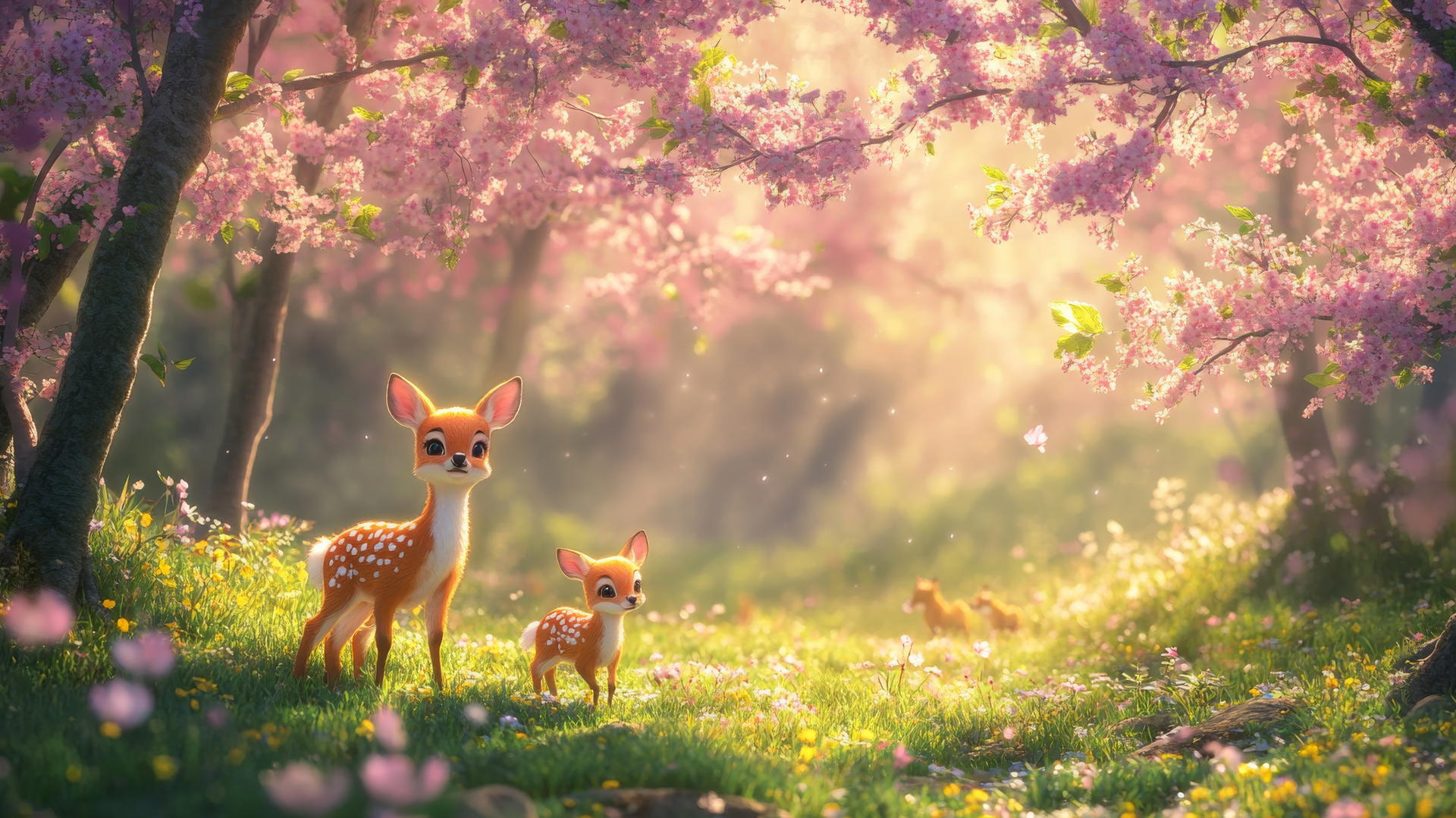 cute spring wallpaper with baby animals in a blooming meadow
