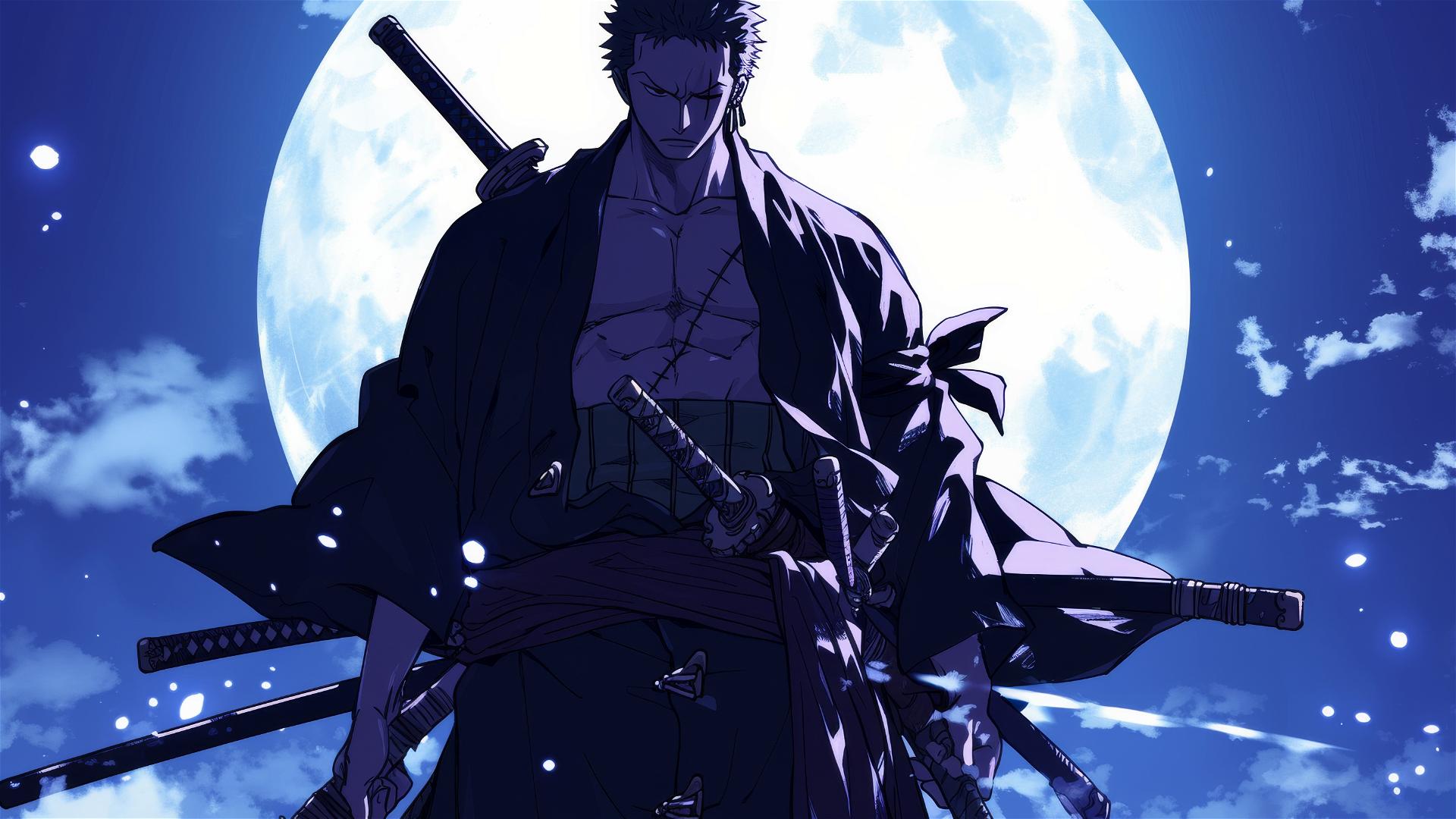 Silhouette of Zoro with crossed swords against full moon