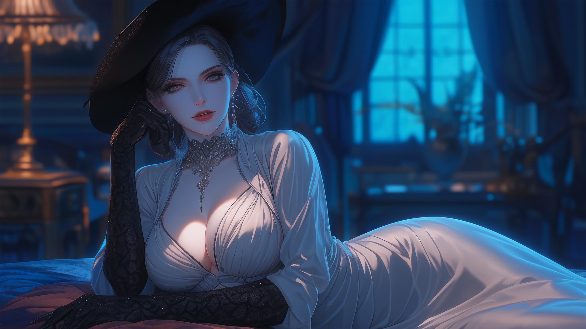 Lady Dimitrescu resting on a modern hotel bed, moonlight glowing on pale skin.