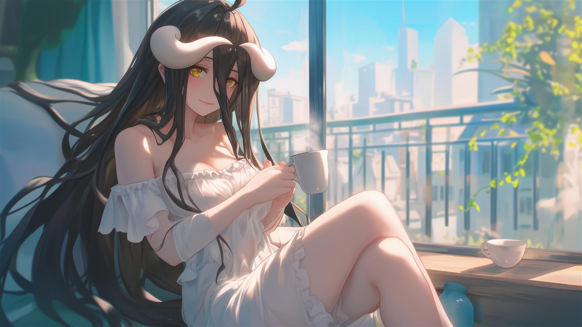 Albedo in white silk pajamas sipping coffee by a window at sunrise.