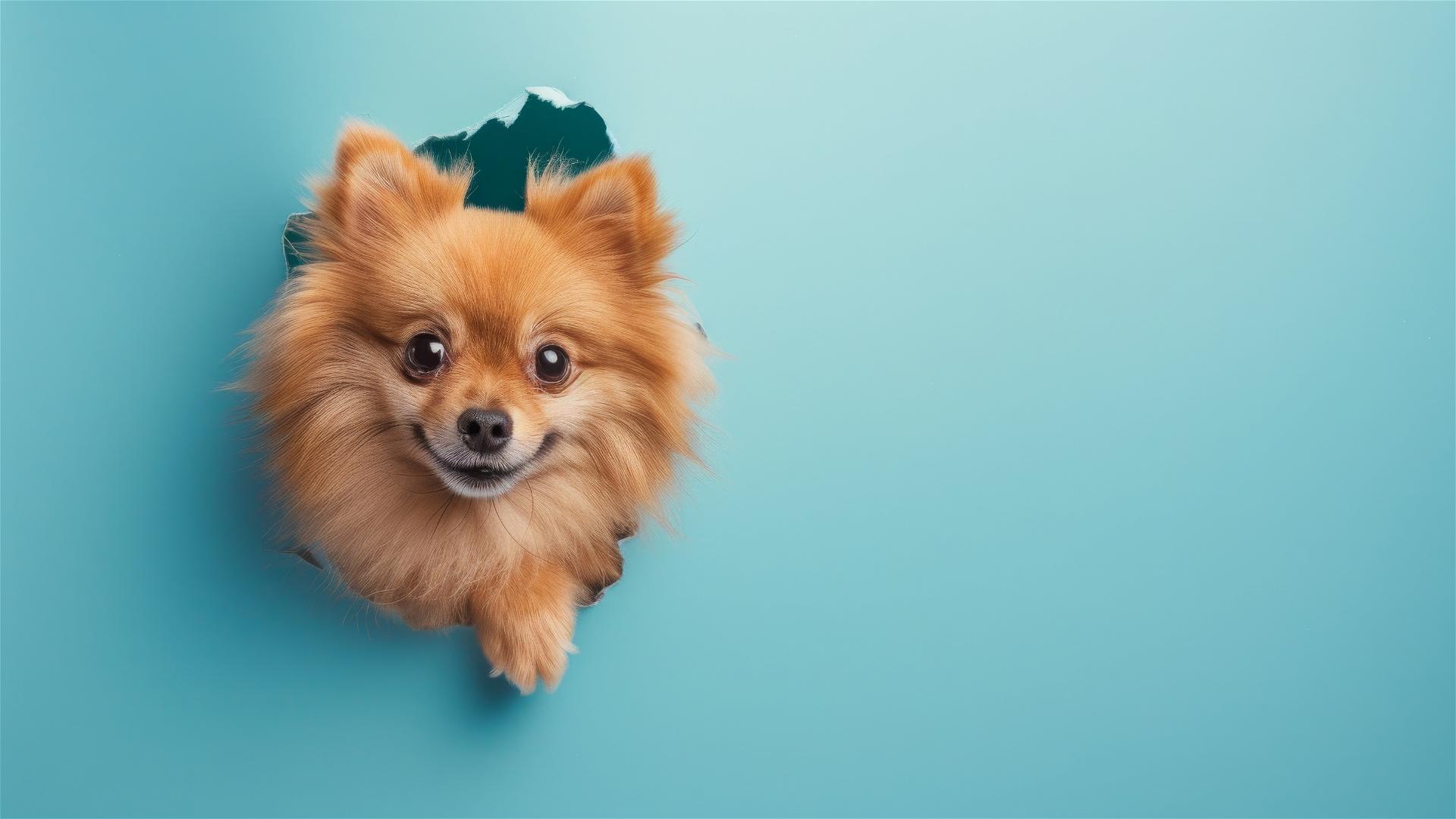 Colorful Pomeranian peeking through hole in sky blue wall
