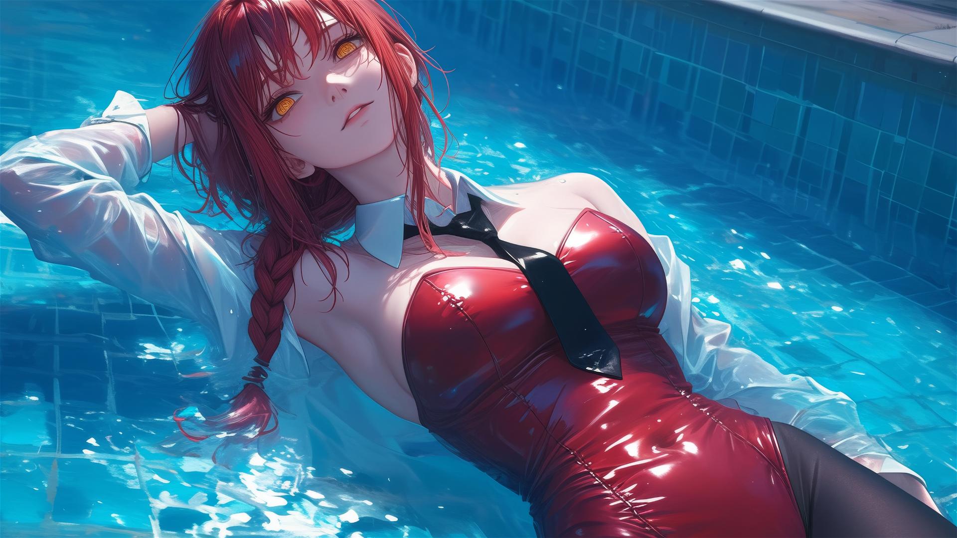 Makima from Chainsaw Man swimming in pool by moonlight with red hair, rainy day, bunny style