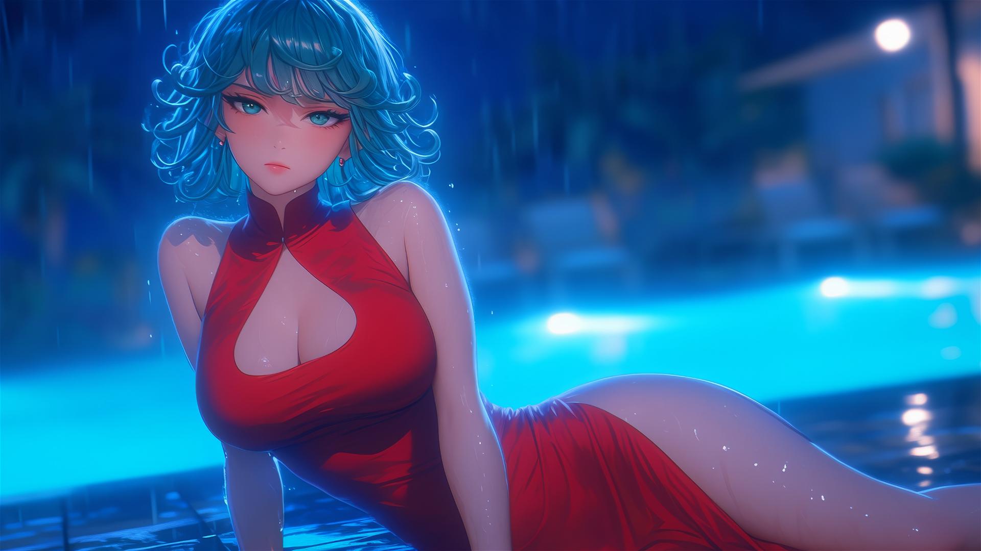 Tatsumaki from One-Punch Man resting by pool under moonlight, rain falling, red dress