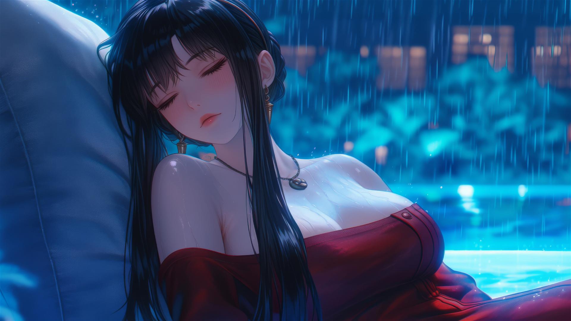 Yor Forger from Spy x Family resting by a pool in the moonlight, wearing red pajamas