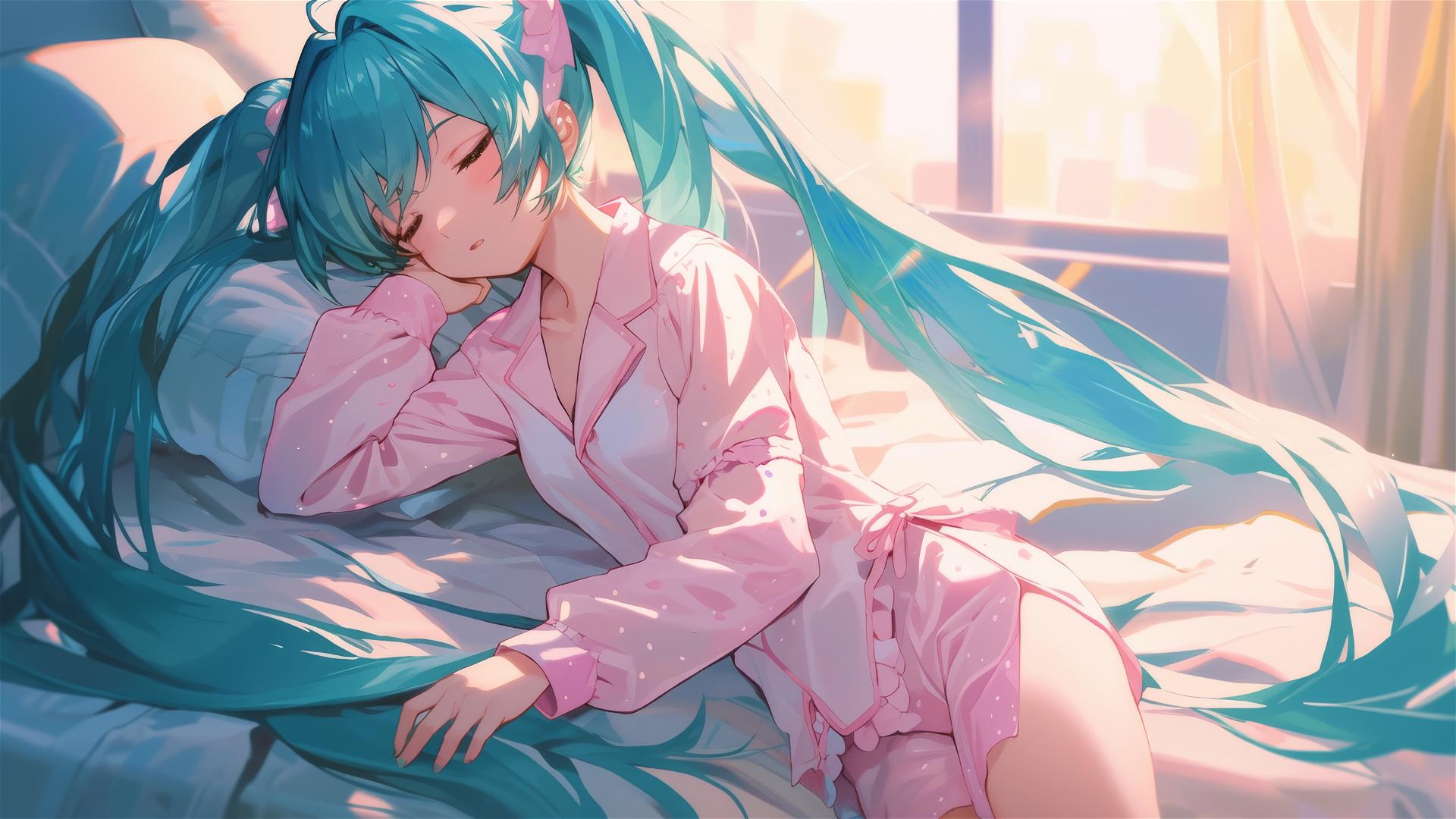 Hatsune Miku in pink pajamas resting at sunrise