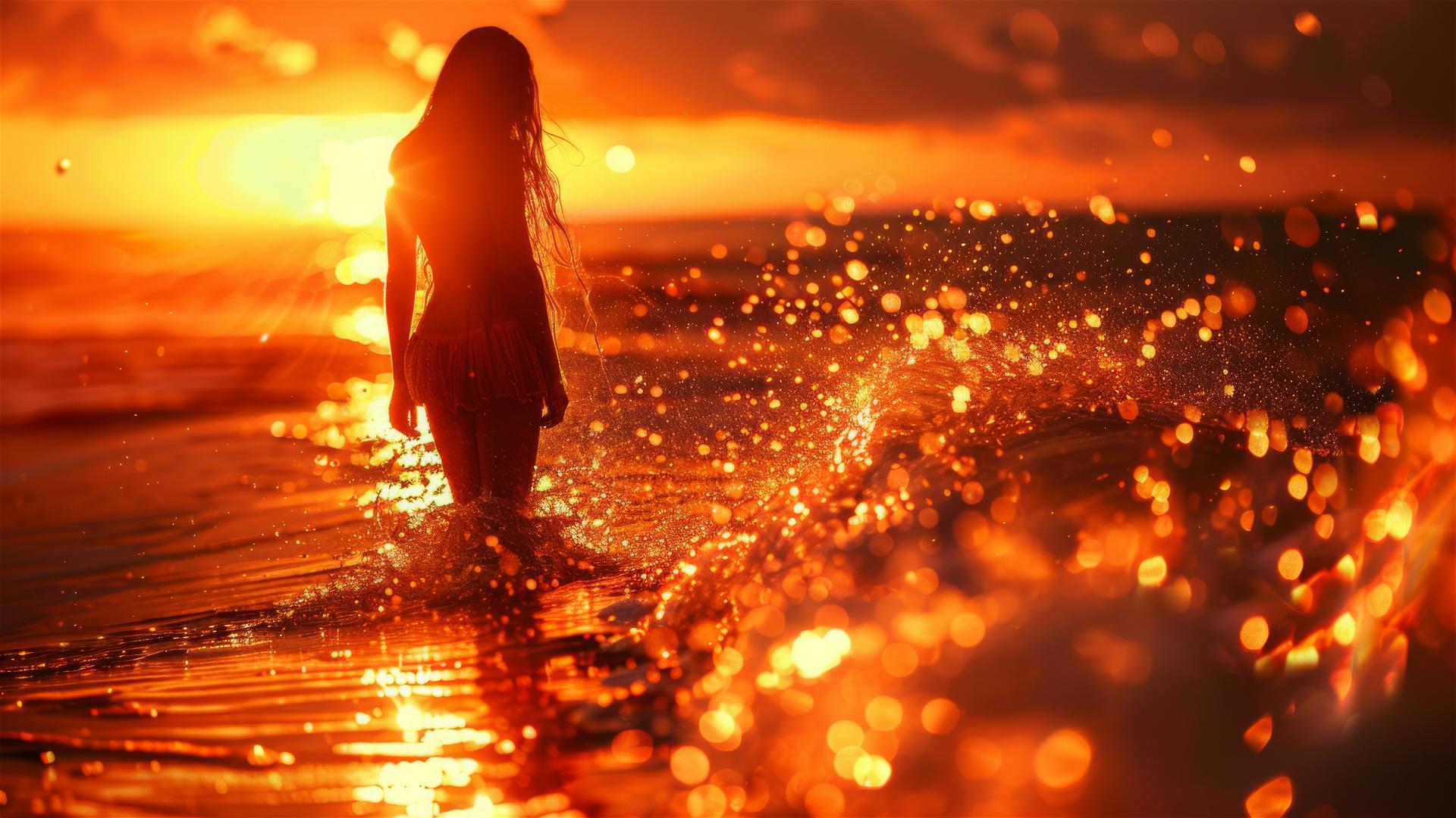 Girl in water at sunset, glittery & shiny, Joel Robison style