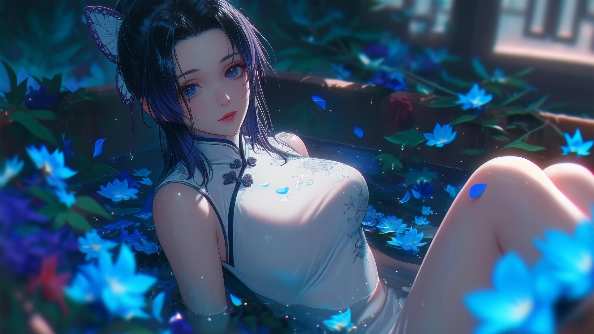 Shinobu Kocho from Demon Slayer in a cheongsam, inside a flower-filled tub at a Chinese spa