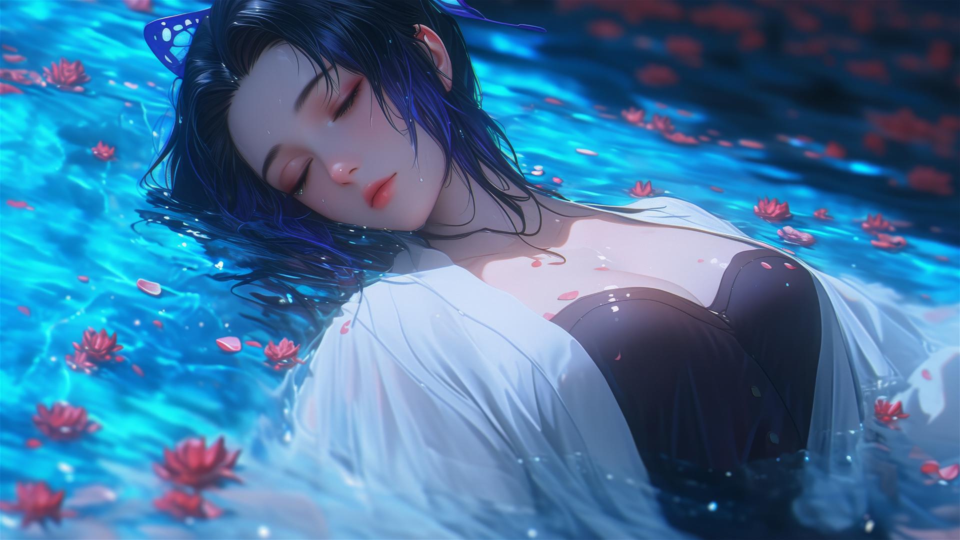 Shinobu Kocho from Demon Slayer in white dress inside flower-filled tub at a Chinese spa