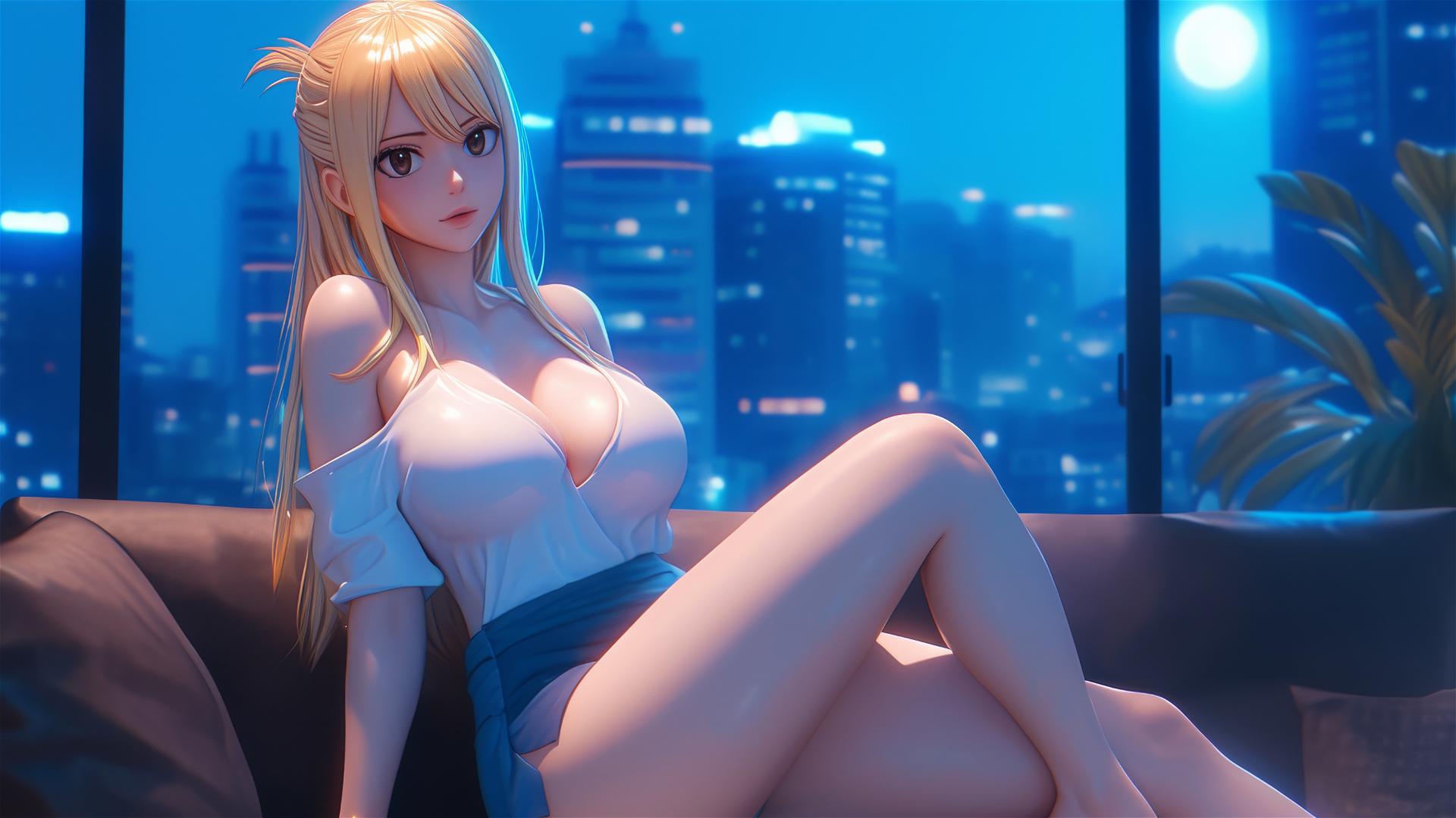 Lucy Heartfilia resting in a modern apartment illuminated by moonlight