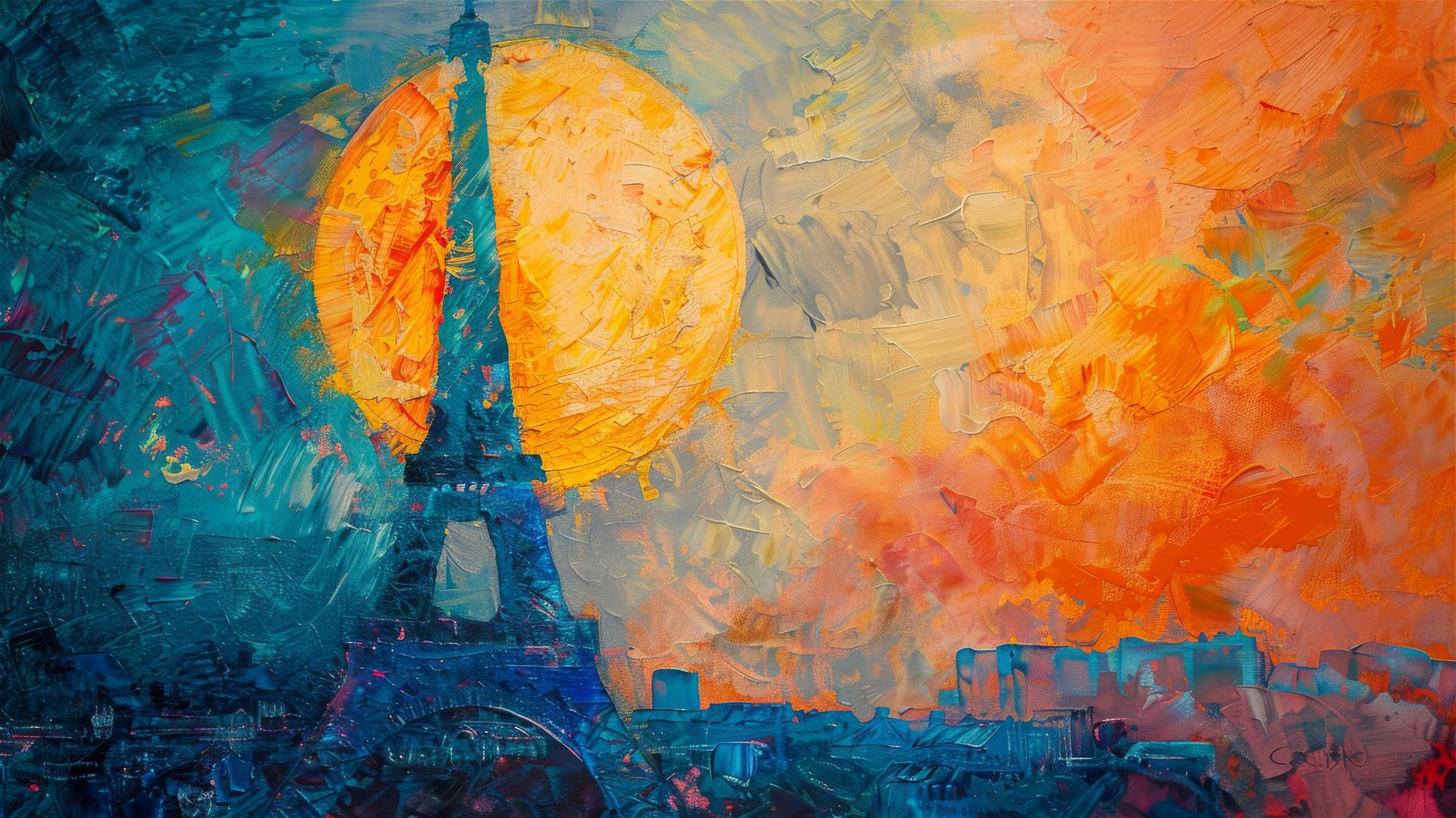 Impressionist painting of Eiffel Tower at dusk with crescent moon