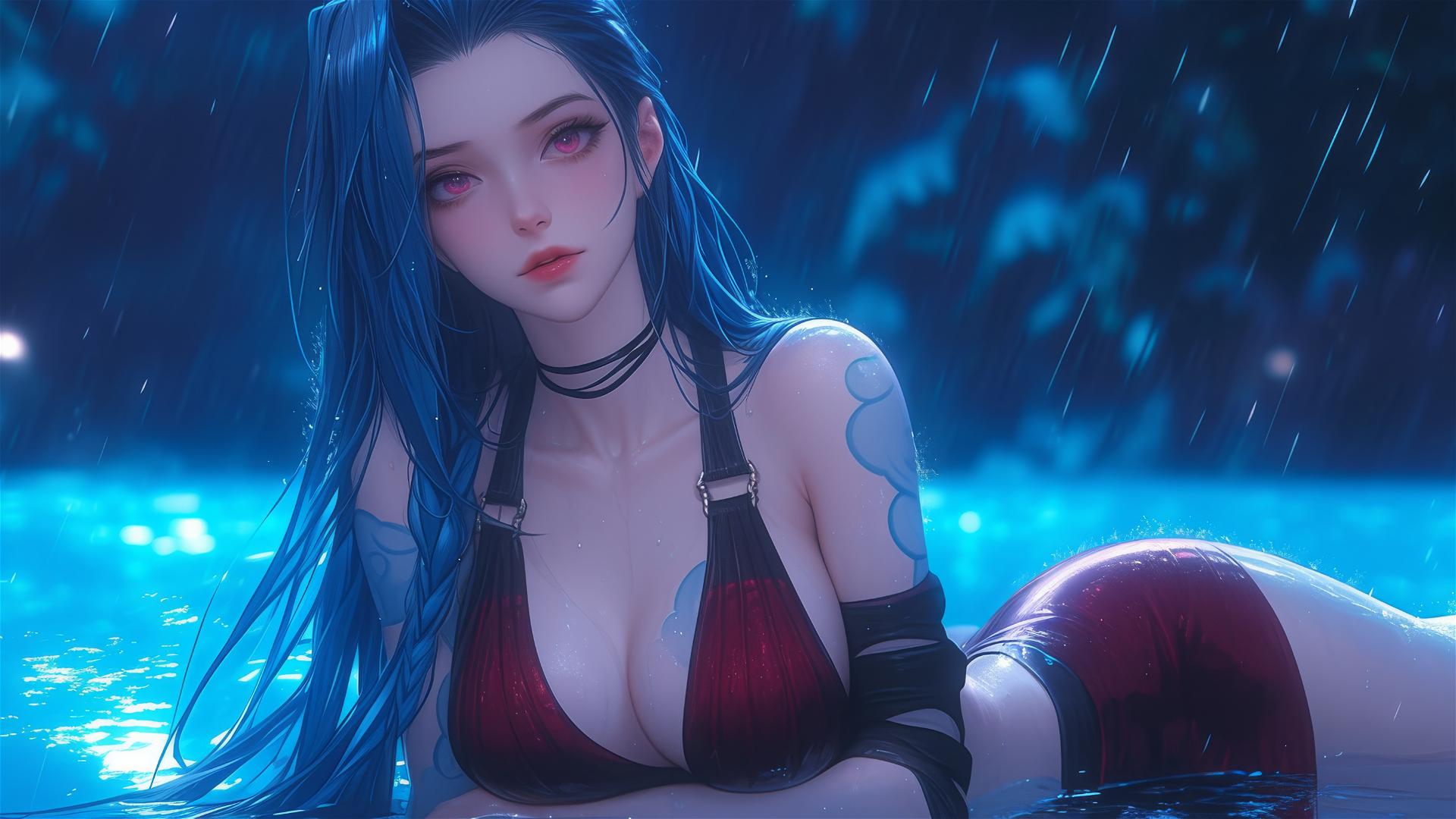 Jinx from League of Legends at rainy swimming pool with moonlight