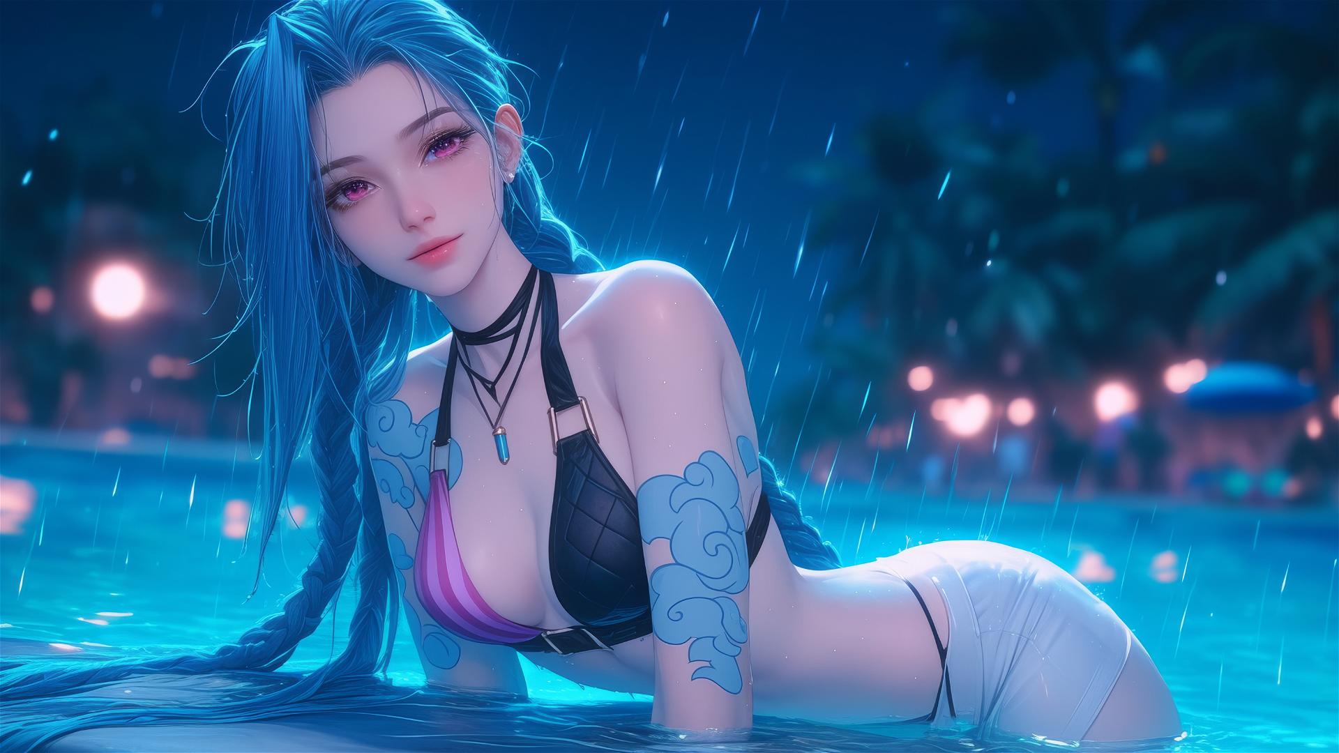 Jinx from League of Legends resting by a rainy swimming pool under moonlight, pink eyes