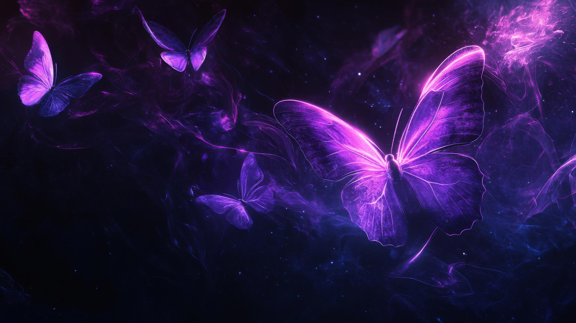 Neon purple butterflies glowing on a black background