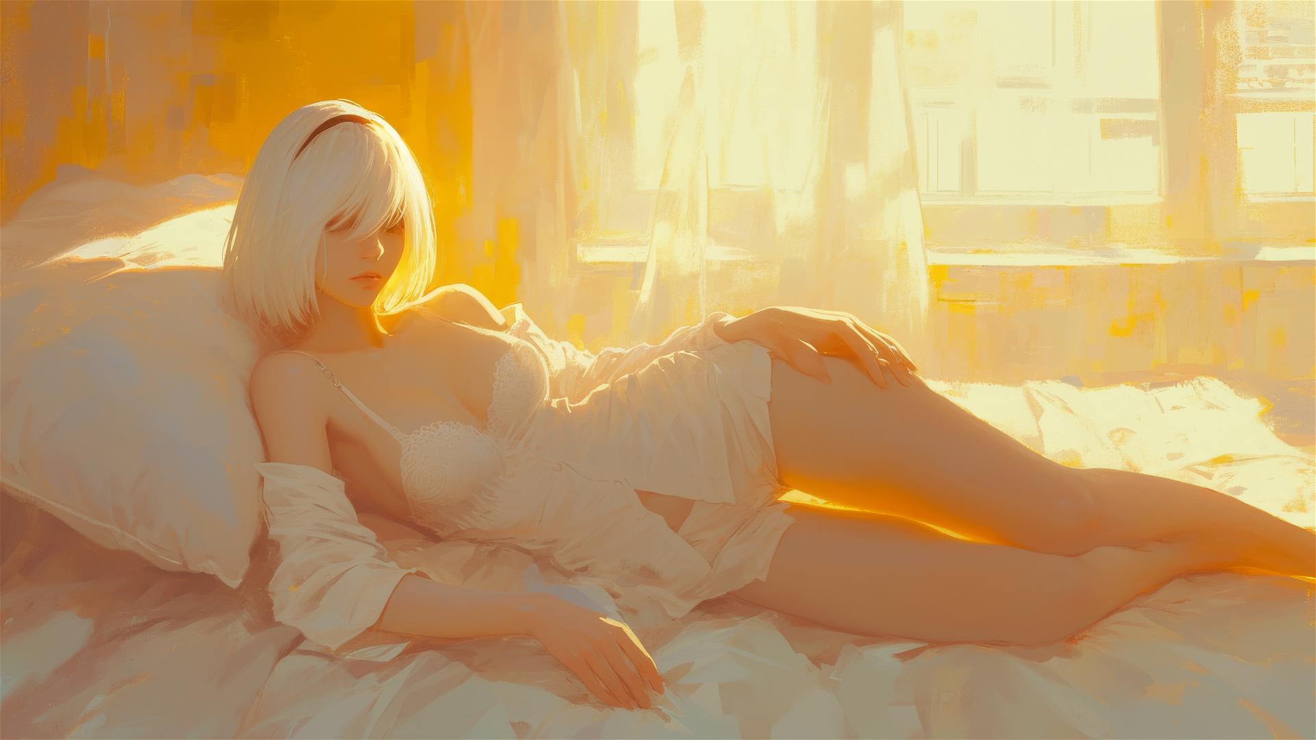 2B from Nier in white silk pajamas, resting at sunrise.