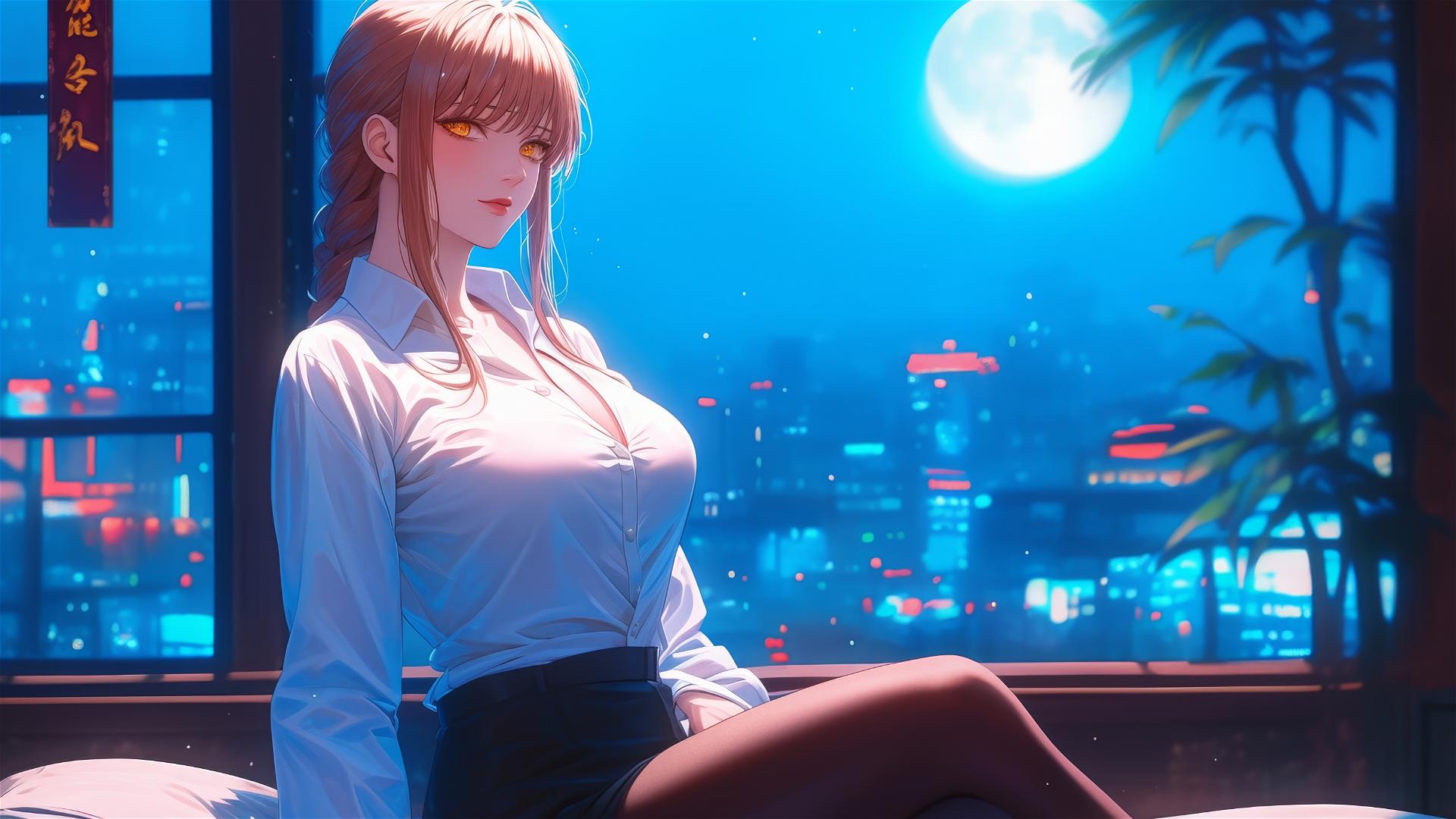 Makima from Chainsaw Man resting in an apartment under moonlight, with blond and red hair