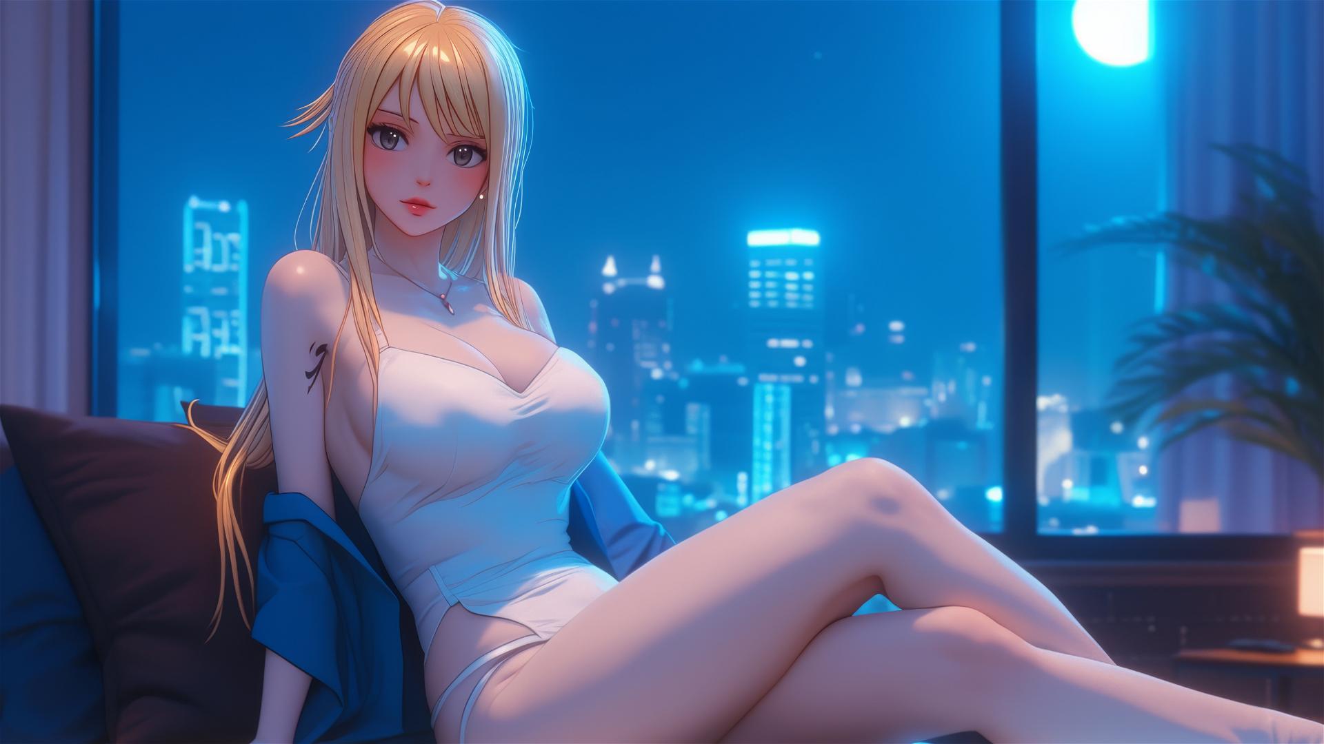 Lucy Heartfilia from Fairy Tail resting in a modern apartment with moonlight glow.