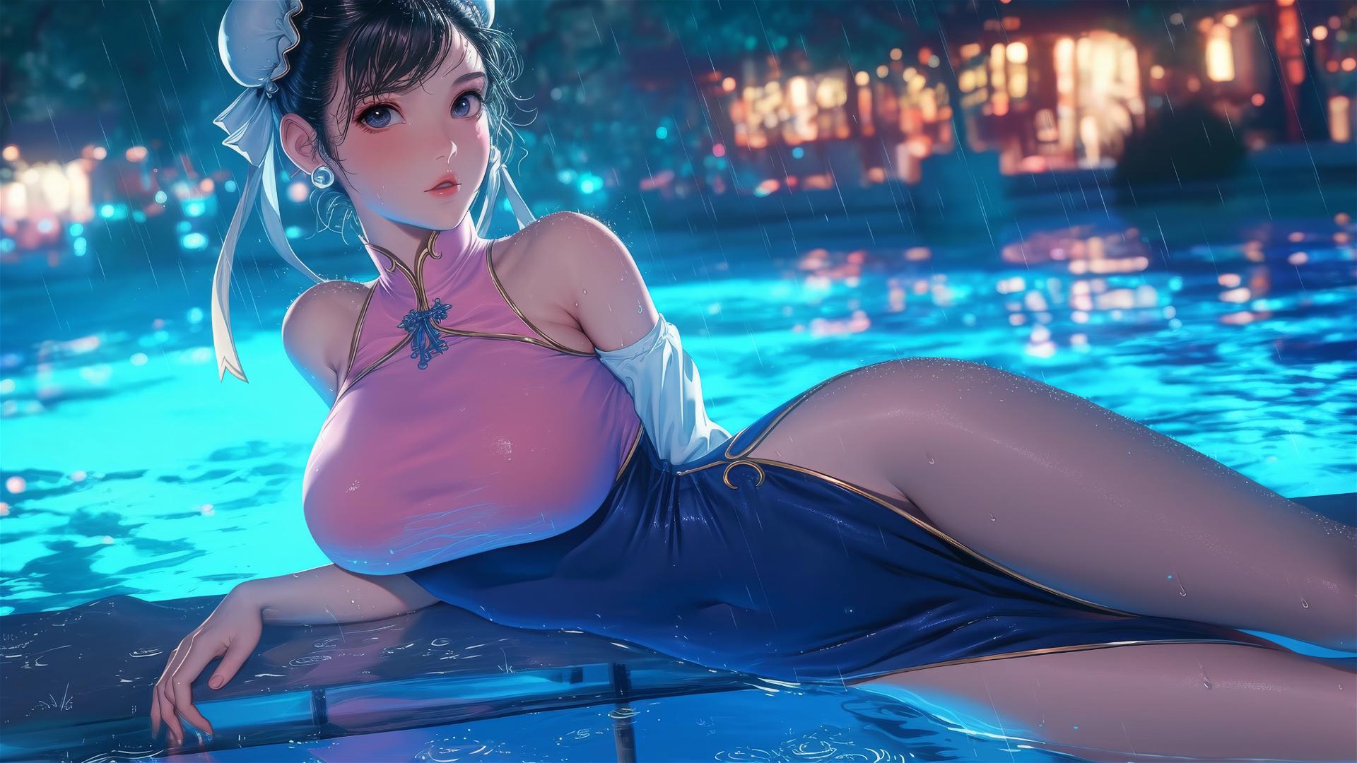 Chun Li from Street Fighter in a pink dress, resting by a rainy pool with moonlight glow
