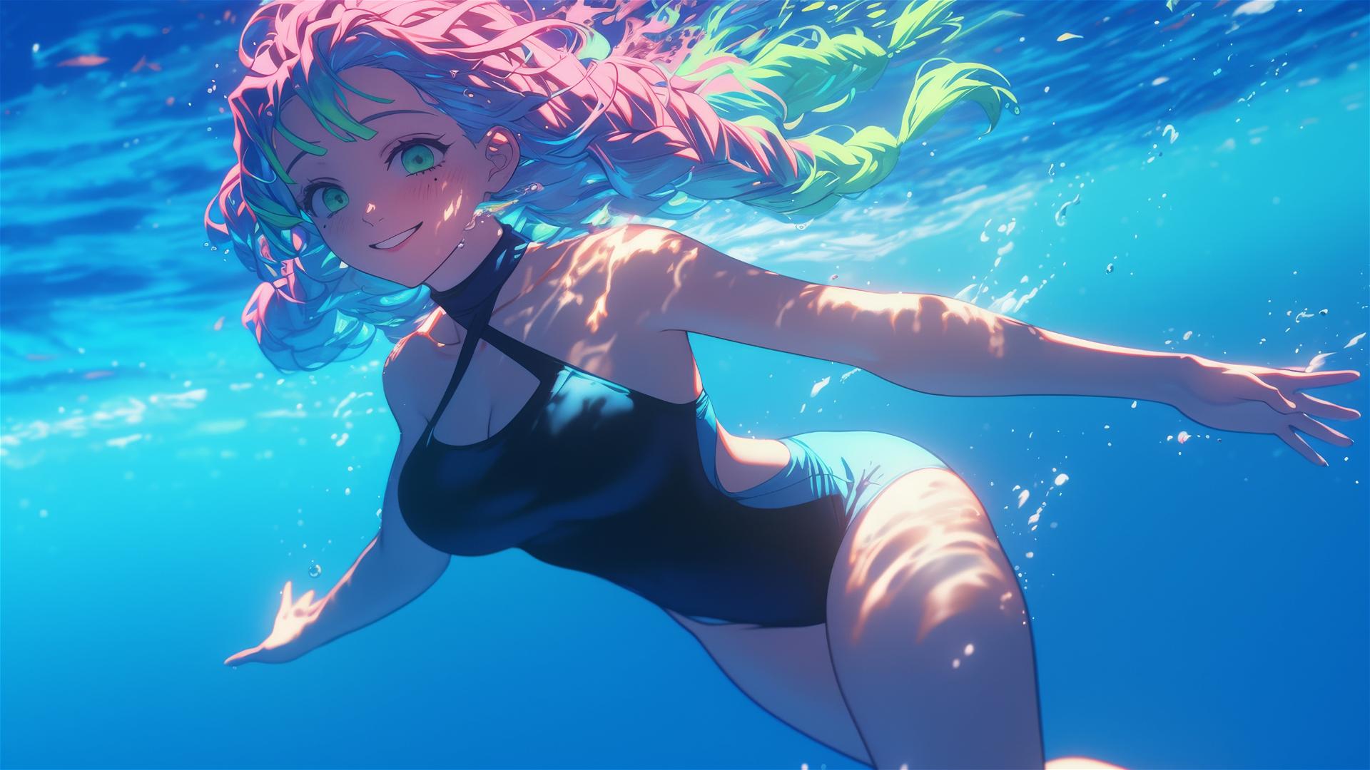 Mitsuri Kanroji from Demon Slayer jumping out of pool under moonlight, hair pink to green.