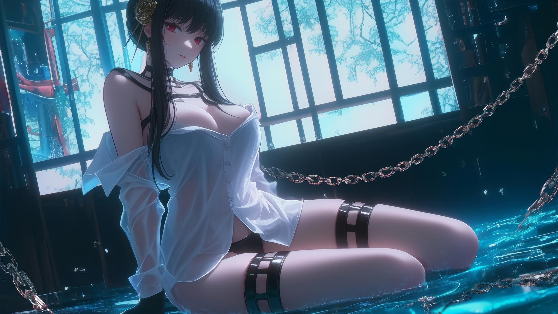 Yor Forger chained in a tub with neon lighting, wearing a white office shirt.