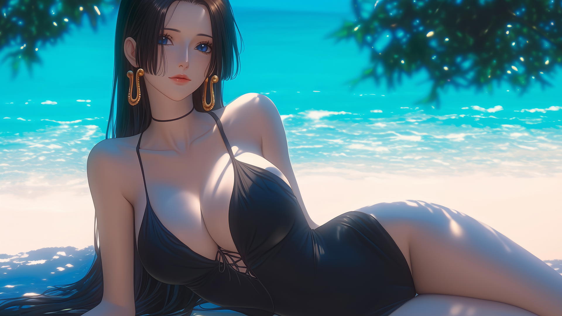 Boa Hancock from One Piece resting at a beach with warm light glowing