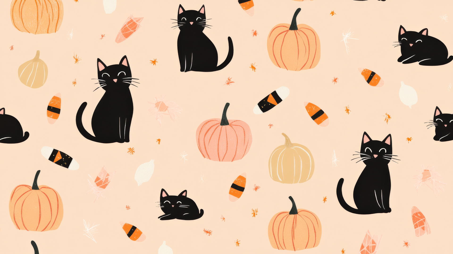 preppy halloween wallpaper with cats, pumpkins, candy corn on pastel peach background