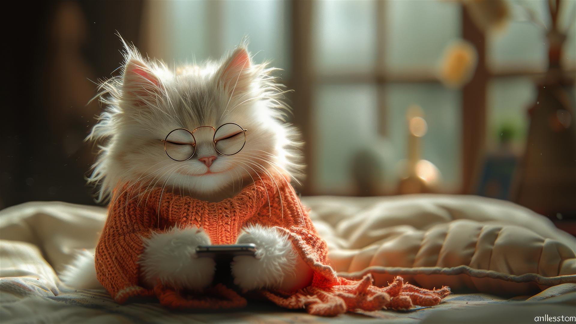 Chubby white cat with glasses playing with phone, Pixar style.