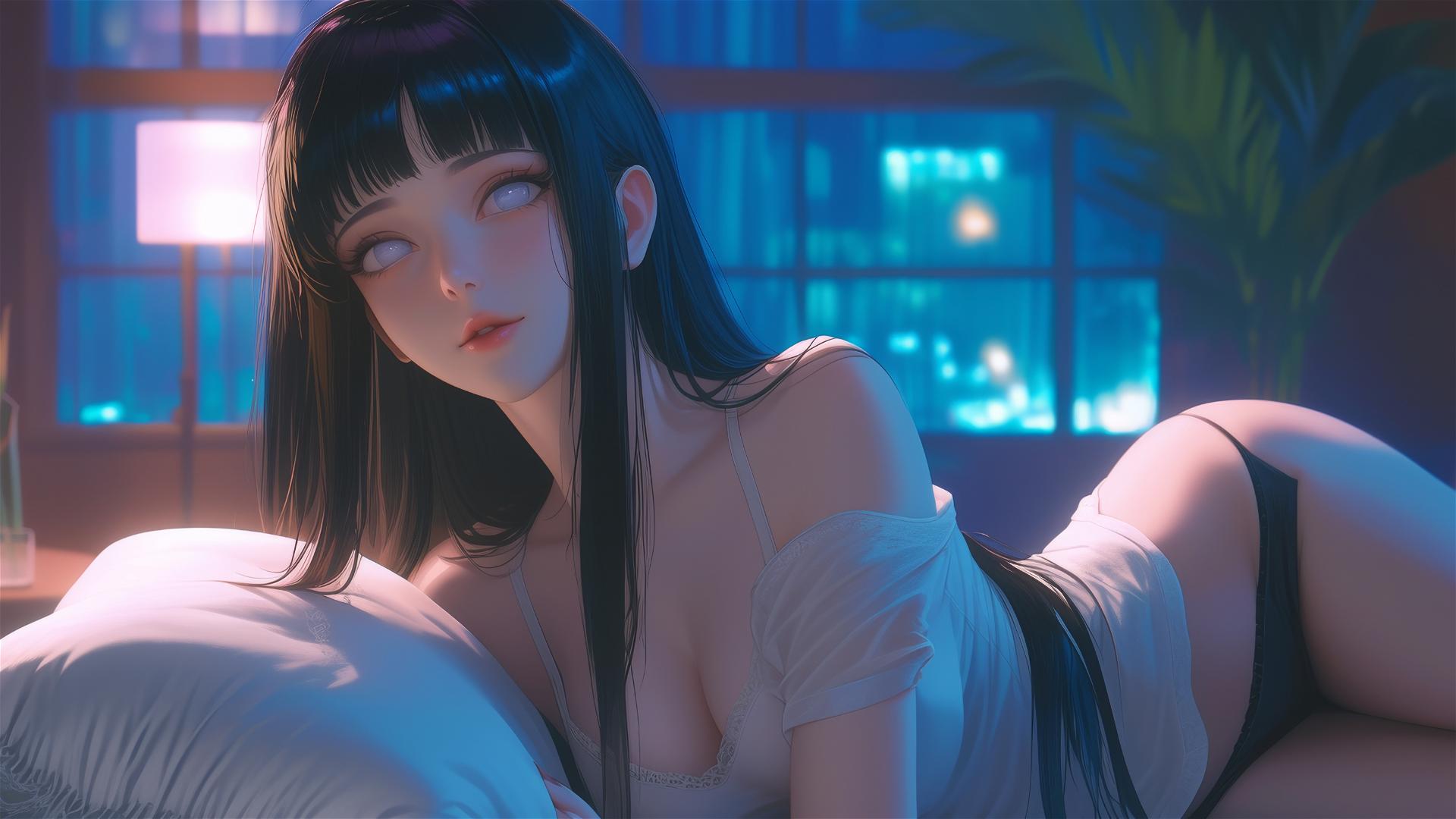 Hinata Hyuga from Naruto resting at a modern hotel with warm light