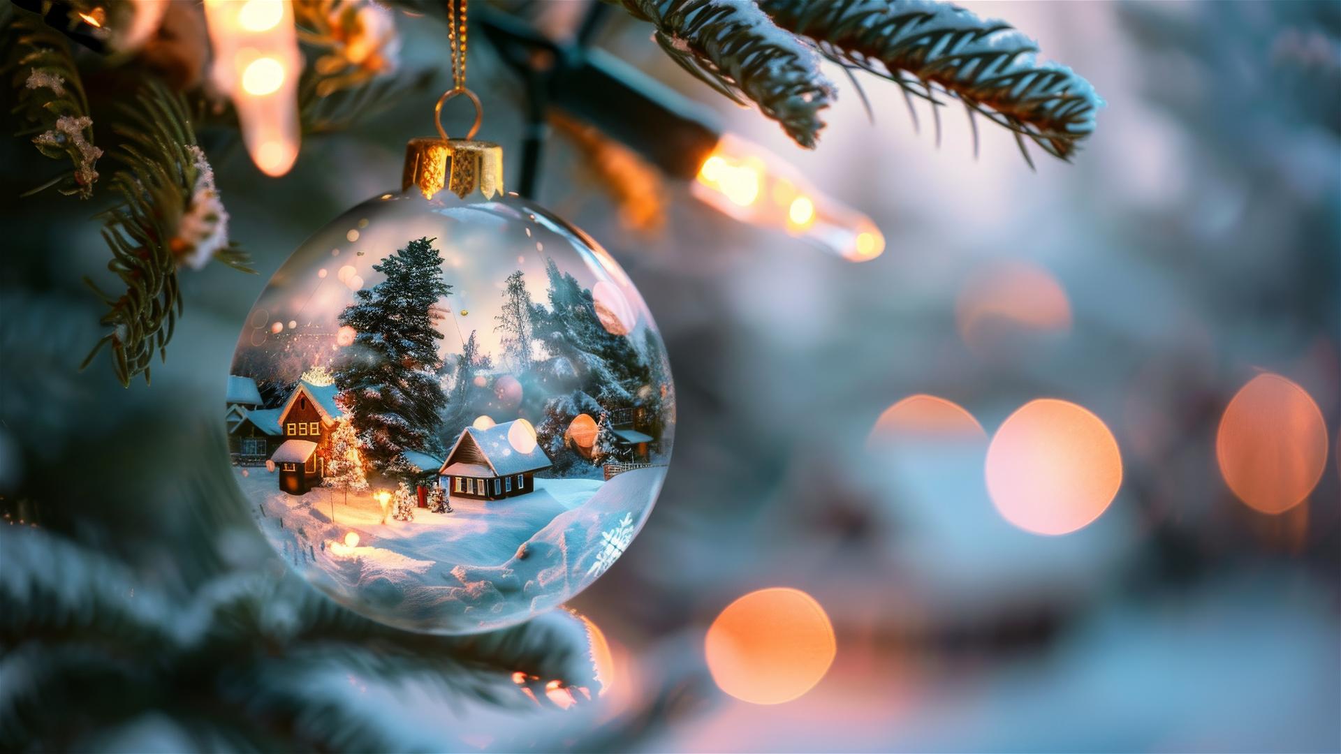 Glass Christmas balls hang on a tree with snow-covered villages inside, warm lights.
