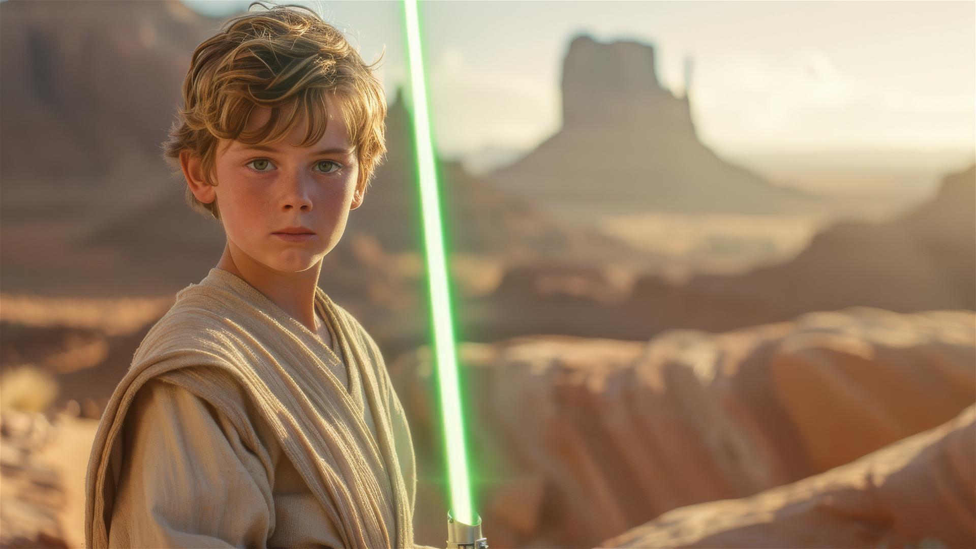 Young boy in Jedi robe holding green lightsaber on sci-fi desert planet