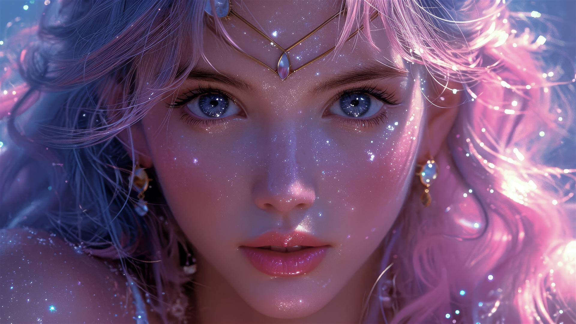 1980s anime style girl with long pink hair and beautiful eyes, inspired by Sailor Moon.